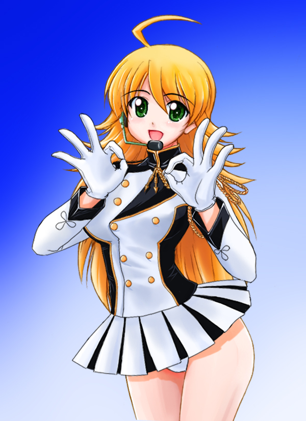 rikumoto yoshiyuki, hoshii miki, idolmaster, idolmaster (classic), 00s, 1girl, band uniform, blonde hair, female focus, solo
