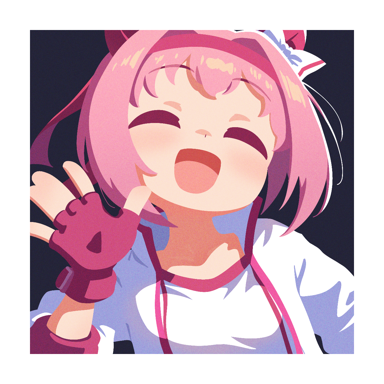 haru urara (umamusume), umamusume, highres, 1girl, :d, ||/, animal ears, closed eyes, fingerless gloves, gloves, headband, horse ears, horse girl, jacket, long hair, no lineart, open mouth, pink hair, red gloves, red headband, shirt, sidelocks, smile, solo, waonaolmao, white jacket, white shirt