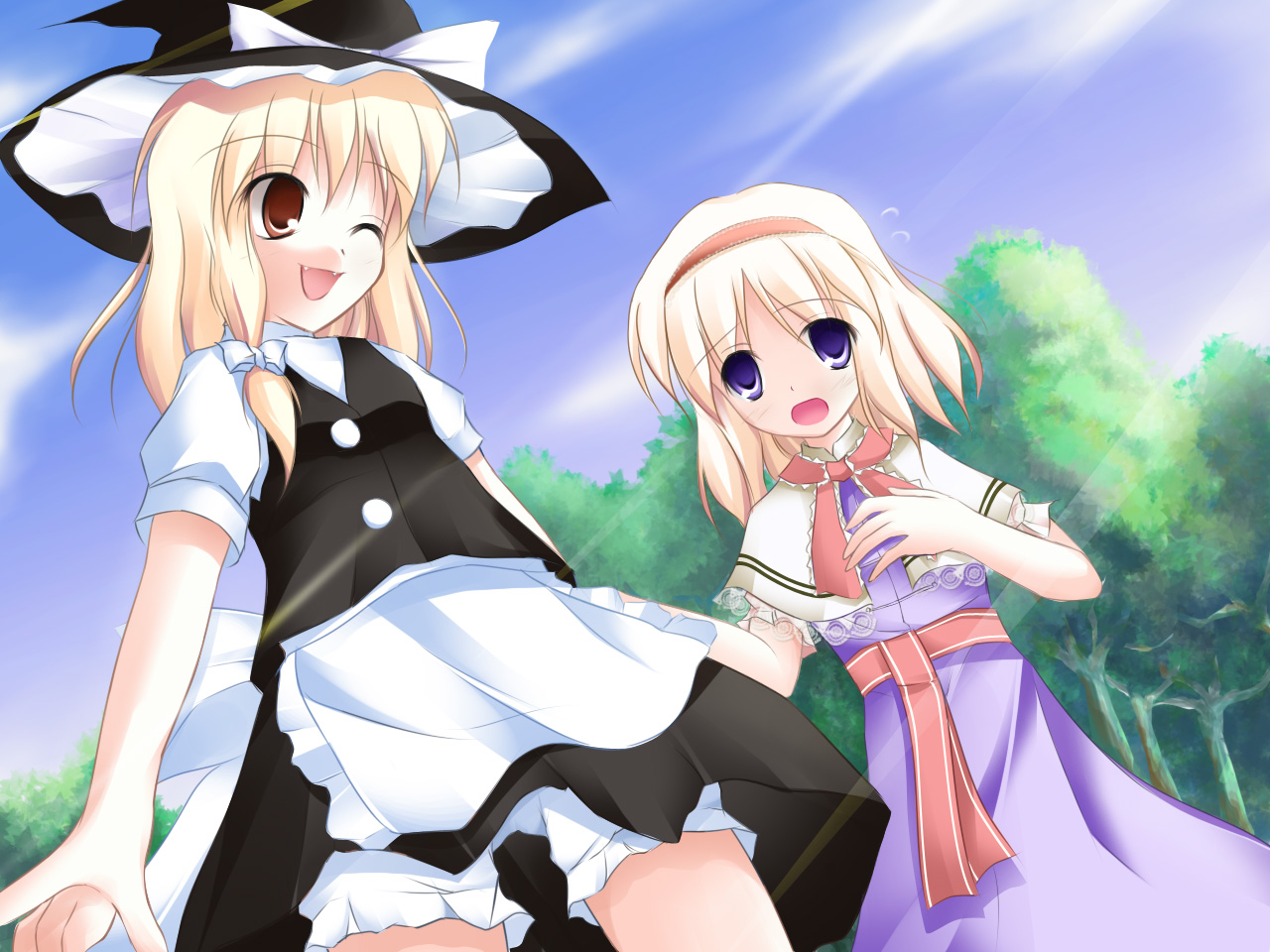 desuno, alice margatroid, kirisame marisa, touhou, 2girls, :d, ;d, belt, blonde hair, bloomers, blue dress, blue eyes, blue sky, blush, brown eyes, buttons, capelet, day, dress, female focus, frills, hat, looking at viewer, looking back, multiple girls, necktie, one eye closed, open mouth, outdoors, red necktie, sky, smile, tareme, underwear, upskirt, vest, witch hat