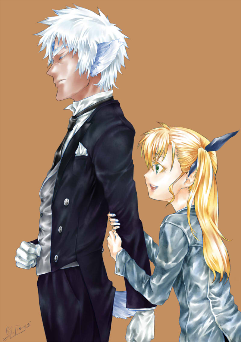 jin nai, vivio, zafira, lyrical nanoha, mahou shoujo lyrical nanoha, mahou shoujo lyrical nanoha strikers, arm grab, 00s, 1boy, 1girl, :d, blonde hair, blue dress, blue eyes, butler, dress, expressionless, formal clothes, from side, gloves, height difference, long sleeves, open mouth, profile, smile, standing, suit, white gloves