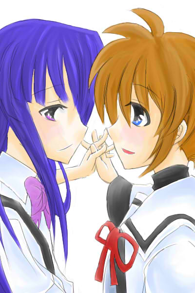 kirishima ruka, furude rika, takamachi nanoha, tamura yukari, higurashi no naku koro ni, lyrical nanoha, mahou shoujo lyrical nanoha, 00s, 2girls, bow, crossover, multiple girls, pink bow, school uniform, voice actor connection, yuri