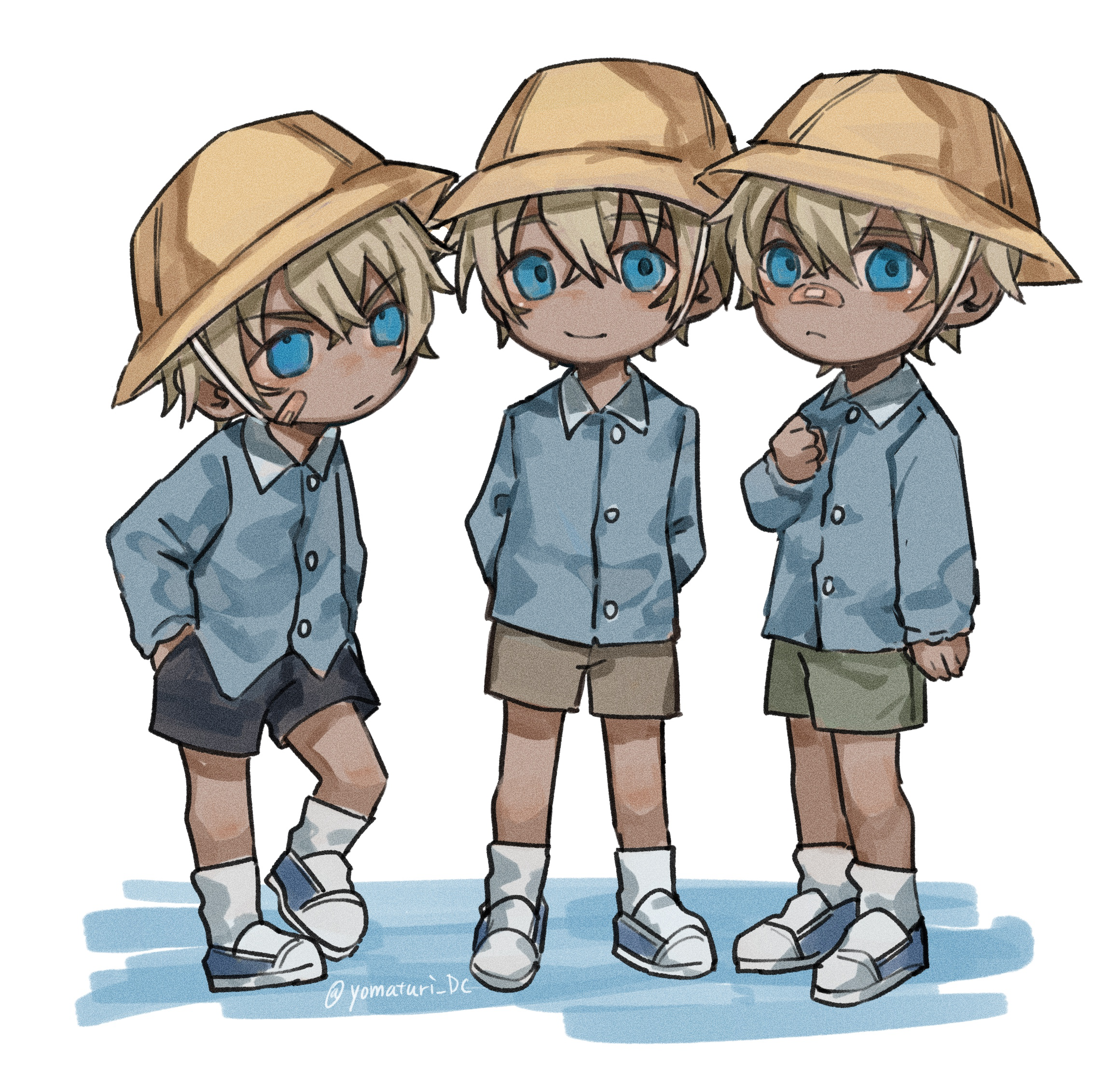 hisin di fushang, meitantei conan, character request, highres, 3boys, black shorts, blue shirt, brown shorts, dark-skinned female, dark skin, dress shirt, full body, hat, long sleeves, multiple boys, shirt, shoes, shorts, socks, standing, white background, white socks, yellow hat