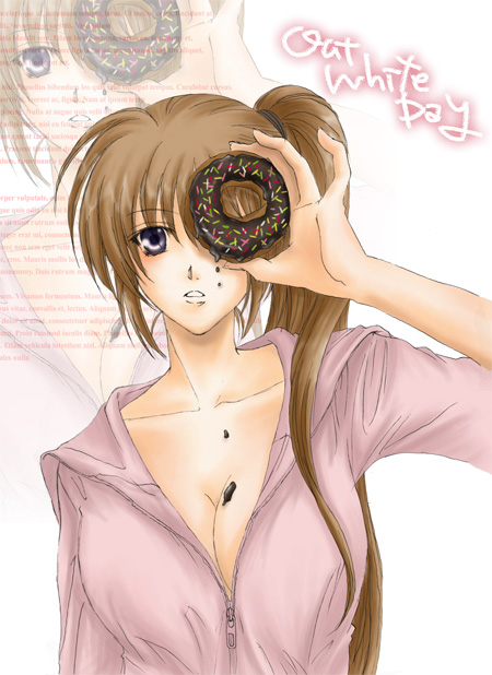 lina (interlude), takamachi nanoha, lyrical nanoha, mahou shoujo lyrical nanoha, mahou shoujo lyrical nanoha strikers, 00s, 1girl, breasts, brown hair, cleavage, collarbone, donut, female focus, food, food on body, large breasts, long hair, parted lips, side ponytail, solo, sprinkles, upper body, very long hair, white background, white day