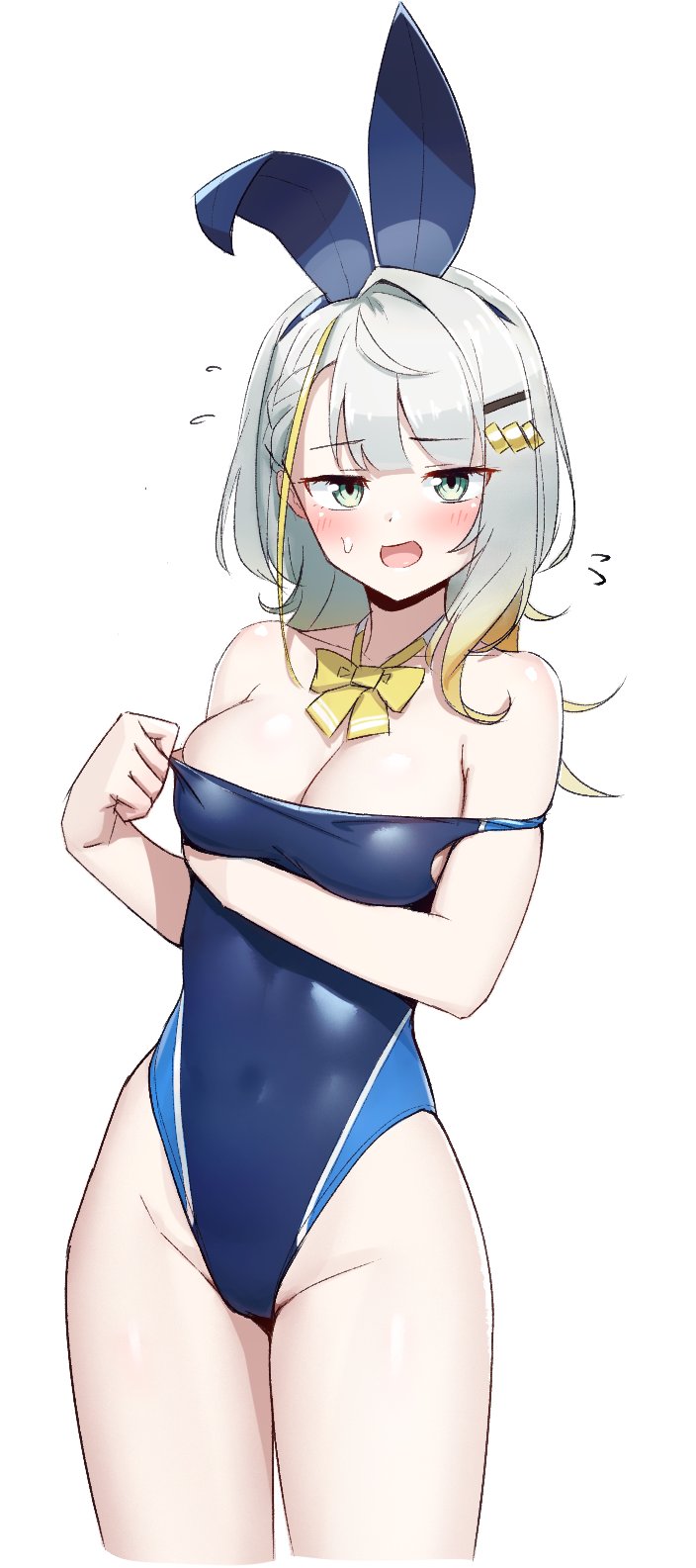 sparkling yudofu, original, commentary request, highres, 1girl, animal ears, blue one-piece swimsuit, bow, bowtie, breasts, cleavage, competition swimsuit, cowboy shot, fake animal ears, green eyes, grey hair, highleg, highleg one-piece swimsuit, looking at viewer, medium breasts, one-piece swimsuit, playboy bunny swimsuit, rabbit ears, simple background, solo, strap slip, swimsuit, white background, yellow bow, yellow bowtie