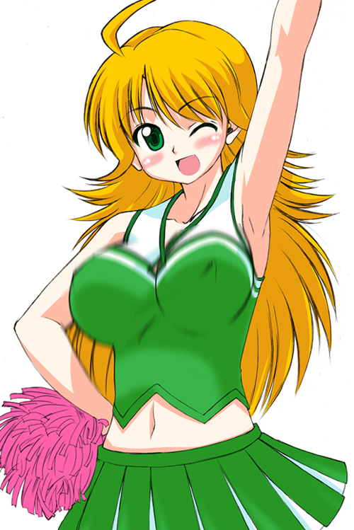 rikumoto yoshiyuki, hoshii miki, idolmaster, idolmaster (classic), idolmaster 1, 00s, 1girl, blonde hair, cheerleader, female focus, green shirt, one eye closed, shirt, solo, wink