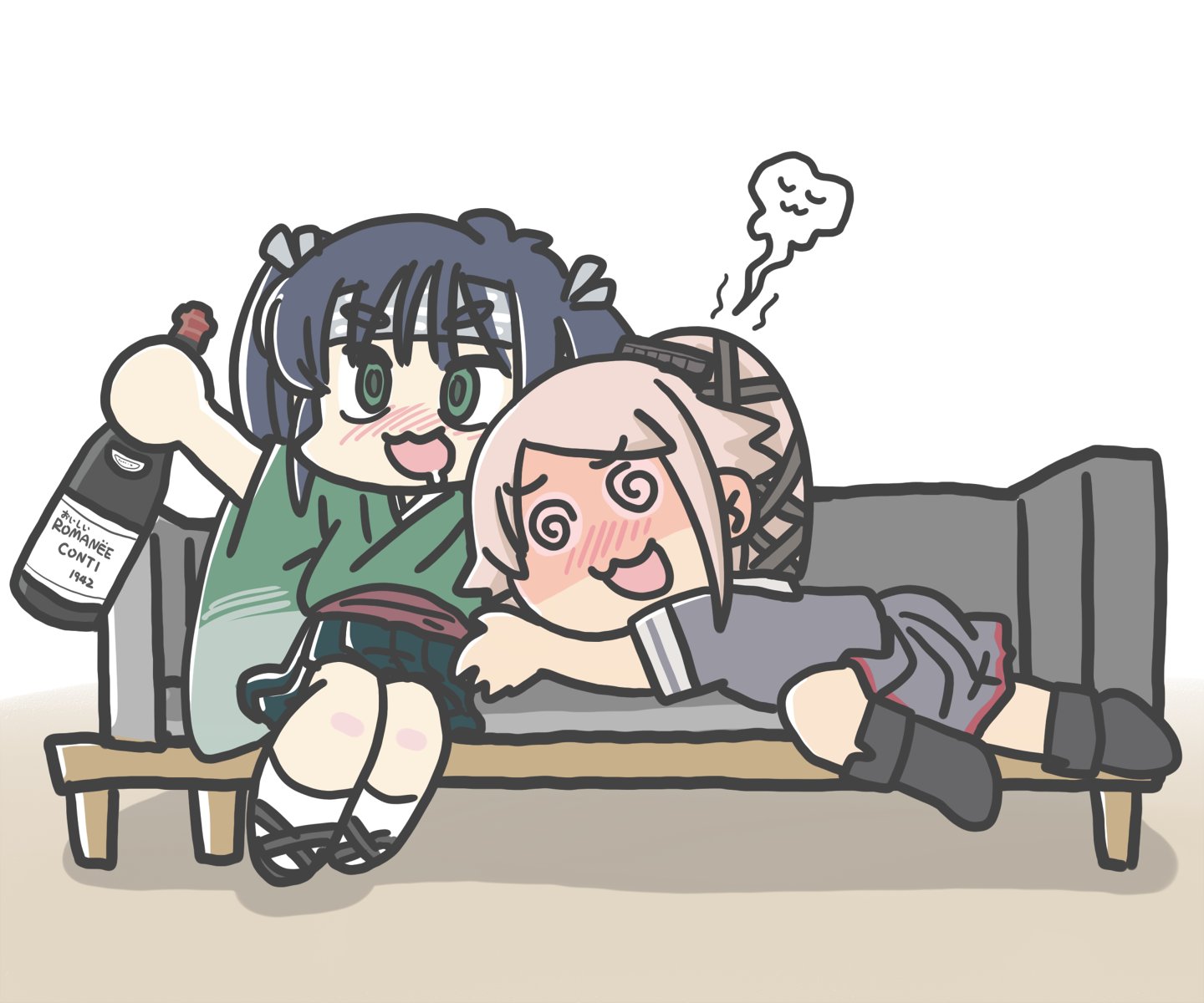 ferret-san, souryuu (kancolle), yura (kancolle), yura kai ni (kancolle), kantai collection, highres, 2girls, bench, black hair, bottle, drooling, drunk, giving up the ghost, green eyes, green hakama, green kimono, grey jacket, grey skirt, hair ribbon, hakama, hakama short skirt, hakama skirt, jacket, japanese clothes, kimono, multiple girls, pink hair, pleated skirt, ponytail, ribbon, saliva, skirt, thick eyebrows, twintails, wine bottle