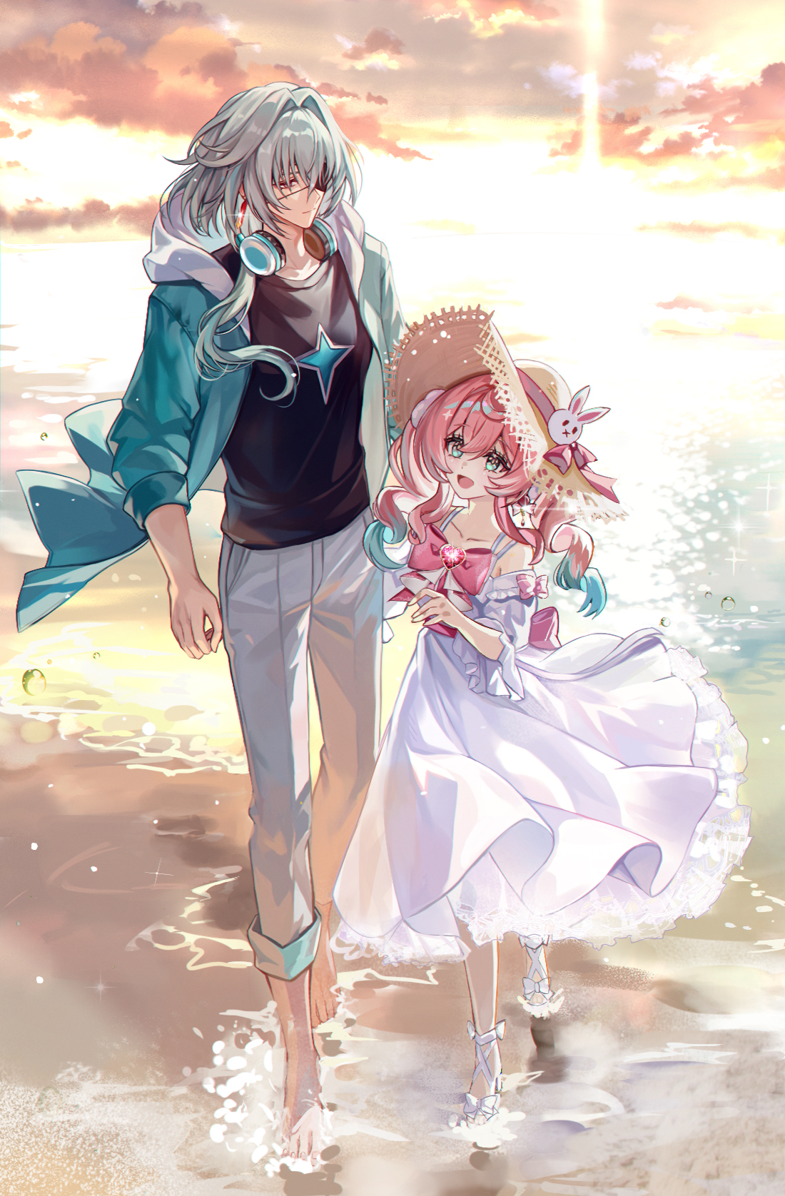 veryslow zzzpin, anaxa (honkai: star rail), hyacine (honkai: star rail), honkai: star rail, honkai (series), highres, 1boy, 1girl, alternate costume, aqua hair, aqua jacket, beach, black shirt, collarbone, dress, eyepatch, full body, grey pants, hair between eyes, hat, headphones, headphones around neck, jacket, ocean, one eye covered, open clothes, open jacket, open mouth, pants, pink hair, shirt, smile, straw hat, walking, white dress