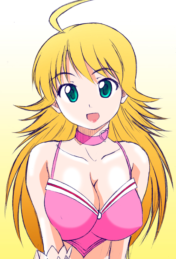 rikumoto yoshiyuki, hoshii miki, idolmaster, idolmaster (classic), idolmaster 1, 00s, 1girl, ahoge, bare shoulders, blonde hair, breasts, choker, cleavage, collarbone, crop top, cute & girly (idolmaster), female focus, green eyes, heart, large breasts, lipstick, long hair, looking at viewer, makeup, open mouth, shirt, sleeveless, sleeveless shirt, smile, solo, upper body