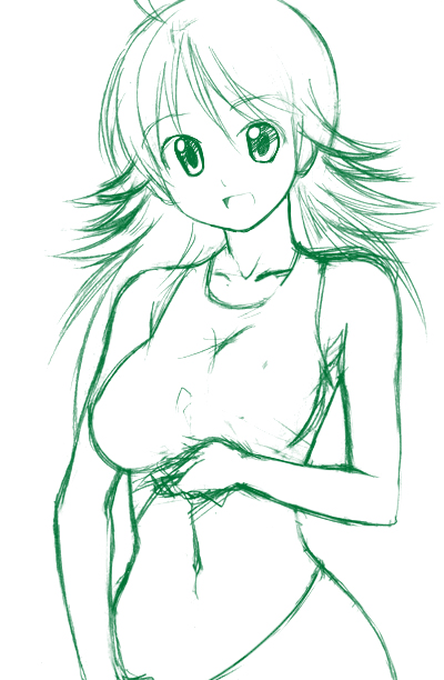 rikumoto yoshiyuki, hoshii miki, idolmaster, idolmaster (classic), idolmaster 1, 00s, 1girl, :d, ahoge, bare arms, bare shoulders, clothes lift, collarbone, female focus, green theme, lifting own clothes, long hair, looking at viewer, monochrome, navel, open mouth, shirt lift, simple background, sketch, sleeveless, smile, solo, stomach, tank top, tareme, upper body, white background