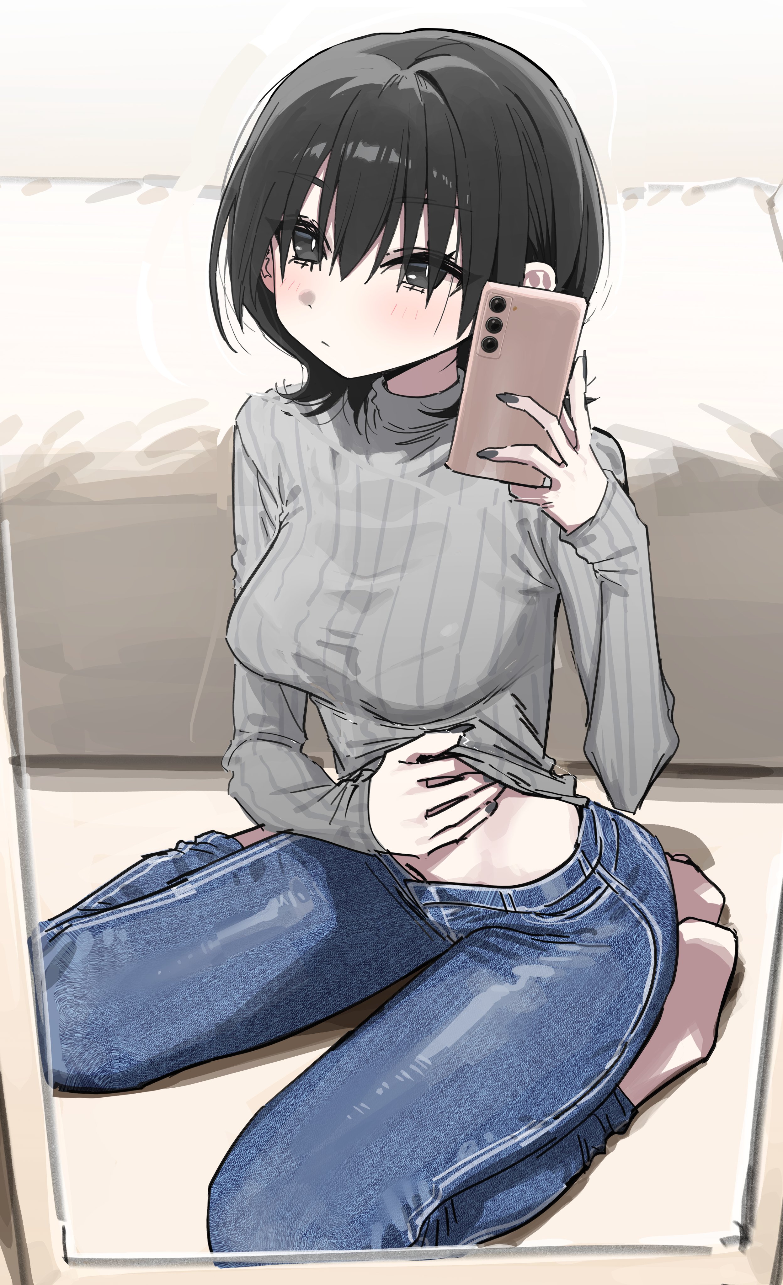 syhan, original, absurdres, highres, 1girl, barefoot, bed, black hair, blue pants, breasts, cellphone, clothes lift, denim, full-length mirror, grey nails, grey sweater, hair over eyes, holding, holding phone, jeans, lifting own clothes, looking at viewer, medium breasts, medium hair, mirror, mirror selfie, navel, pants, phone, reflection, reflection focus, ribbed sweater, selfie, smartphone, solo, sweater, sweater lift, taking picture
