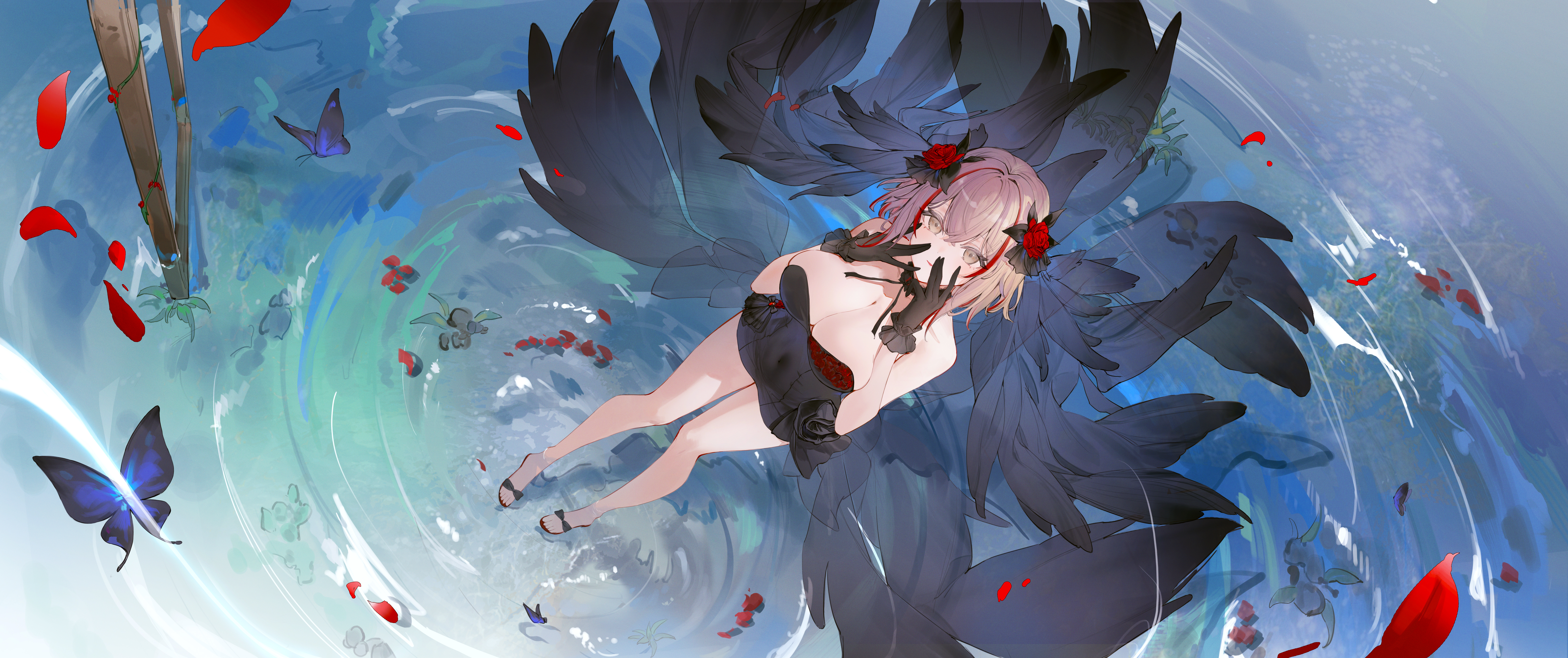 flantia, roon (azur lane), roon (the abyssal embrace) (azur lane), azur lane, absurdres, commentary request, highres, 1girl, black dress, black gloves, blue butterfly, breasts, bug, butterfly, cleavage, dress, falling petals, flower, from above, gloves, grey eyes, grey hair, hair intakes, insect, large breasts, looking at viewer, official alternate costume, open mouth, petals, red flower, red petals, red rose, red streaks, rose, short hair, smile, solo, standing, strapless, strapless dress, wedding dress