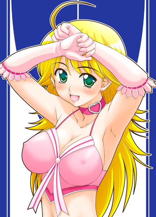 rikumoto yoshiyuki, hoshii miki, idolmaster, idolmaster (classic), idolmaster 1, 00s, 1girl, ahoge, armpits, arms up, blonde hair, blush, breasts, camisole, cleavage, collar, covered erect nipples, crop top, cute & girly (idolmaster), elbow gloves, female focus, gloves, green eyes, heart, idol, impossible clothes, impossible shirt, long hair, midriff, shirt, sideboob, solo