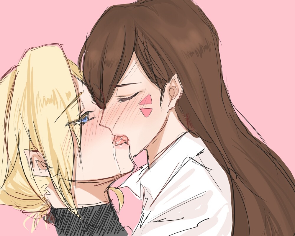 d.va (overwatch), mercy (overwatch), overwatch, overwatch 1, 2girls, black hair, blonde hair, blue eyes, blush, brown hair, closed eyes, facial mark, french kiss, kiss, long hair, multiple girls, pink background, ponytail, saliva, servadakin, shirt, white shirt, yuri