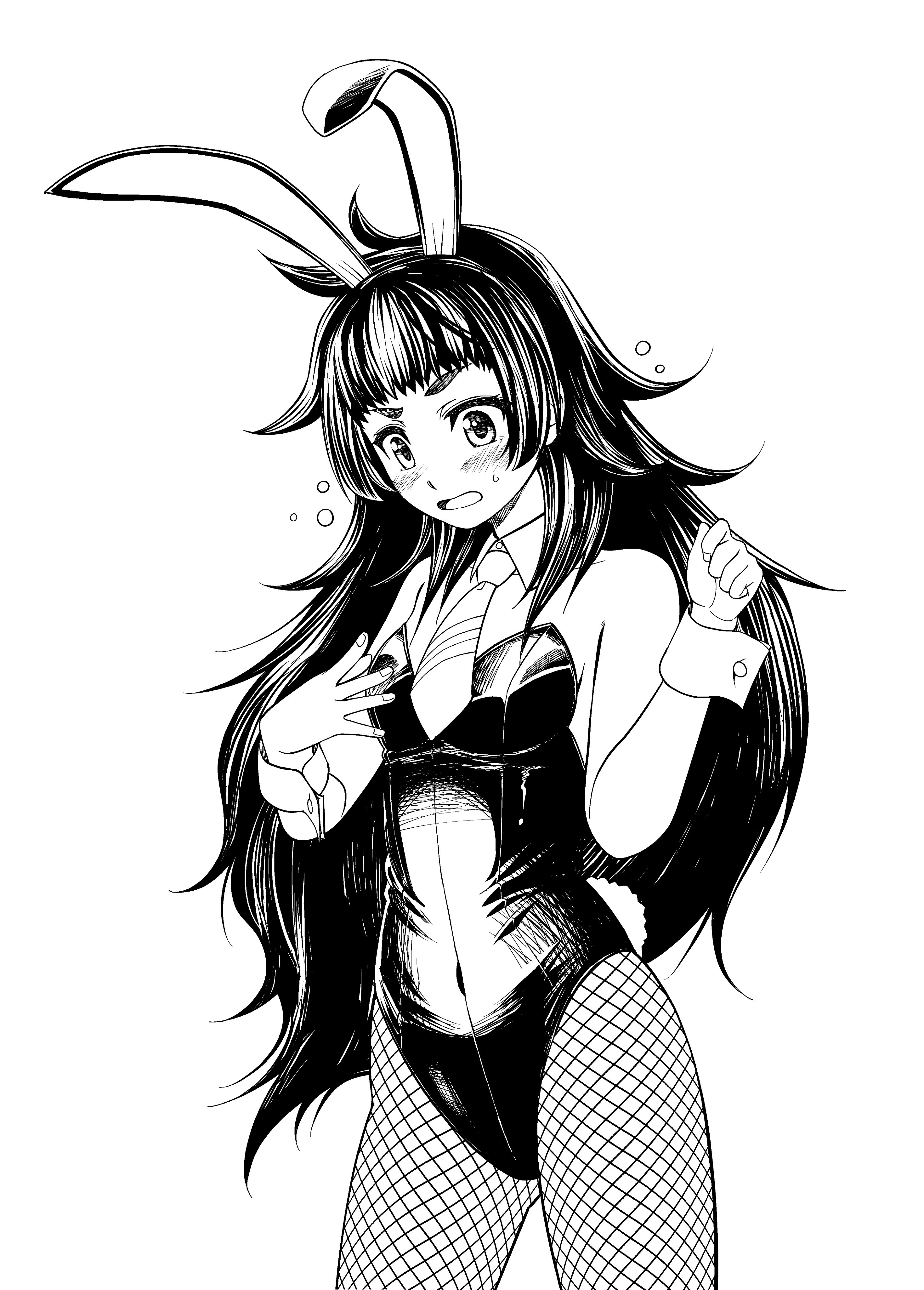 eibon, hiyajou maho, science adventure, steins;gate, steins;gate 0, absurdres, highres, 1girl, animal ears, bare shoulders, black leotard, blunt bangs, blush, breasts, collarbone, covered navel, embarrassed, fake animal ears, fishnets, flying sweatdrops, greyscale, leotard, long hair, messy hair, monochrome, necktie, nervous, nervous sweating, playboy bunny, rabbit ears, short necktie, small breasts, solo, sweat, very long hair, wrist cuffs