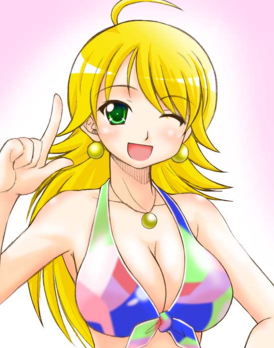 rikumoto yoshiyuki, hoshii miki, idolmaster, idolmaster (classic), idolmaster 1, 00s, 1girl, ahoge, bikini, blonde hair, breasts, cleavage, female focus, green eyes, large breasts, one eye closed, solo, swimsuit, wink