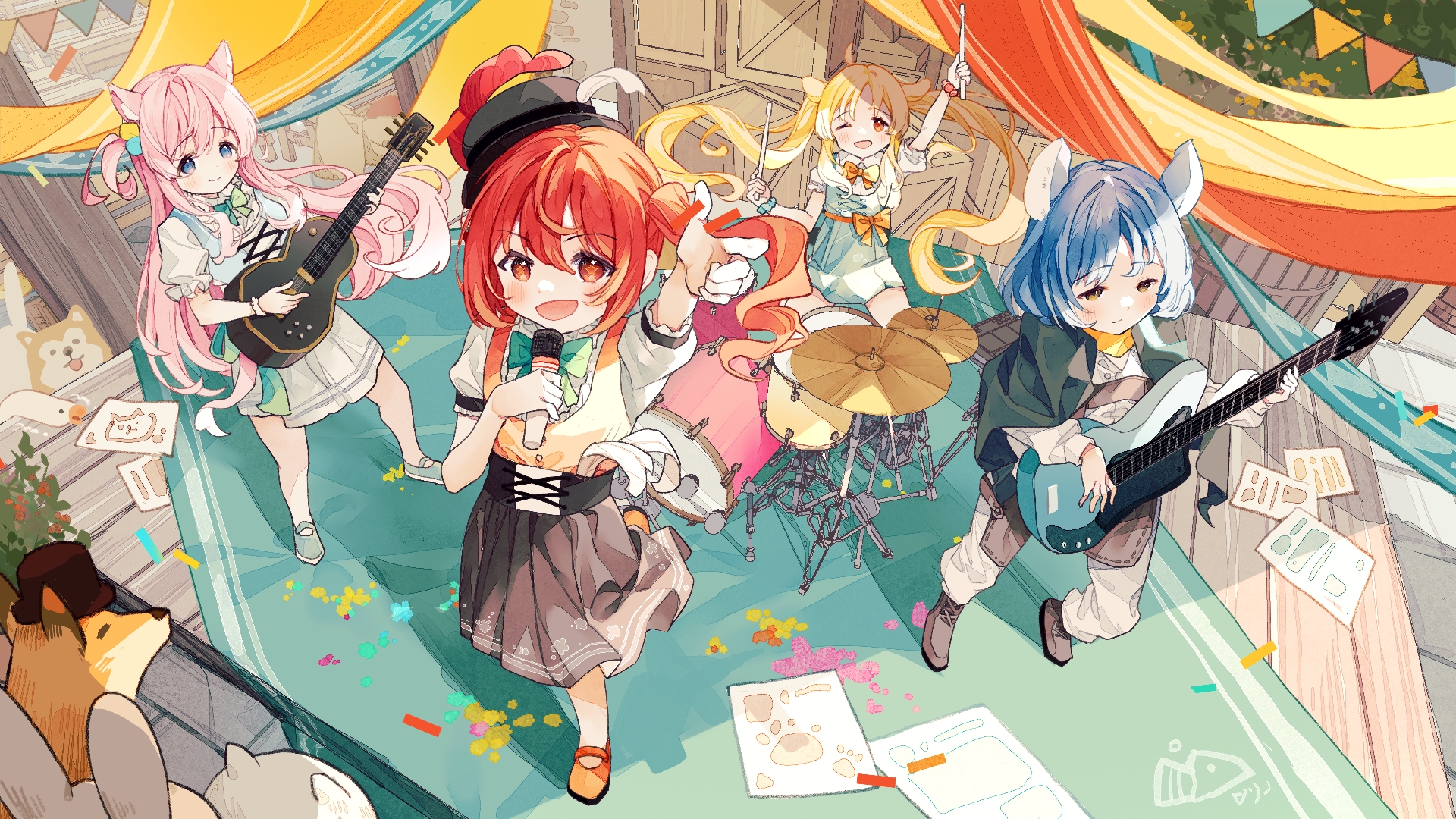 xianyuzi, gotoh hitori, ijichi nijika, kita ikuyo, yamada ryo, bocchi the rock!, chinese commentary, commentary request, highres, 4girls, :d, ;d, ahoge, alternate costume, alternate hairstyle, animal ear fluff, animal ears, arm up, black hat, black shoes, black skirt, blonde hair, blue dress, blue eyes, blue hair, blush, bow, bowtie, cat ears, cat girl, closed mouth, concert, cube hair ornament, day, dog ears, dog girl, dress, dress bow, drum, drumsticks, dual wielding, floating hair, full body, green bow, green bowtie, green dress, guitar, hair between eyes, hair ornament, hand up, hat, high-waist skirt, holding, holding drumsticks, holding guitar, holding instrument, holding microphone, index finger raised, instrument, kemonomimi mode, long hair, looking at viewer, mary janes, medium hair, microphone, mouse ears, mouse girl, multiple girls, music, one eye closed, one side up, open mouth, orange bow, orange bowtie, orange eyes, orange shoes, outdoors, pants, pinafore dress, pink hair, playing guitar, playing instrument, pleated skirt, pointing, pointing at viewer, puffy short sleeves, puffy sleeves, red eyes, red hair, shirt, shoes, short sleeves, sidelocks, sitting, skirt, sleeveless, sleeveless dress, smile, stage, standing, standing on one leg, star-shaped pupils, star (symbol), symbol-shaped pupils, tareme, twintails, very long hair, vest, warm colored, white pants, white shirt, yellow eyes, yellow vest