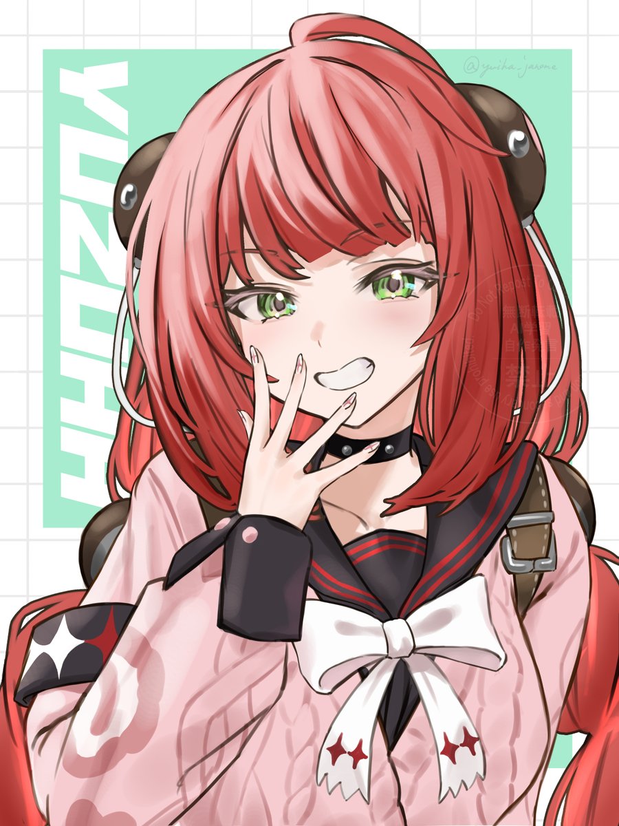 janome yuiwa, ukinami yuzuha, zenless zone zero, highres, 1girl, ahoge, armband, backpack, bag, black armband, black choker, black sailor collar, braid, cardigan, character name, choker, green background, green eyes, grin, long hair, nail polish, pink cardigan, red hair, sailor collar, smile, twin braids