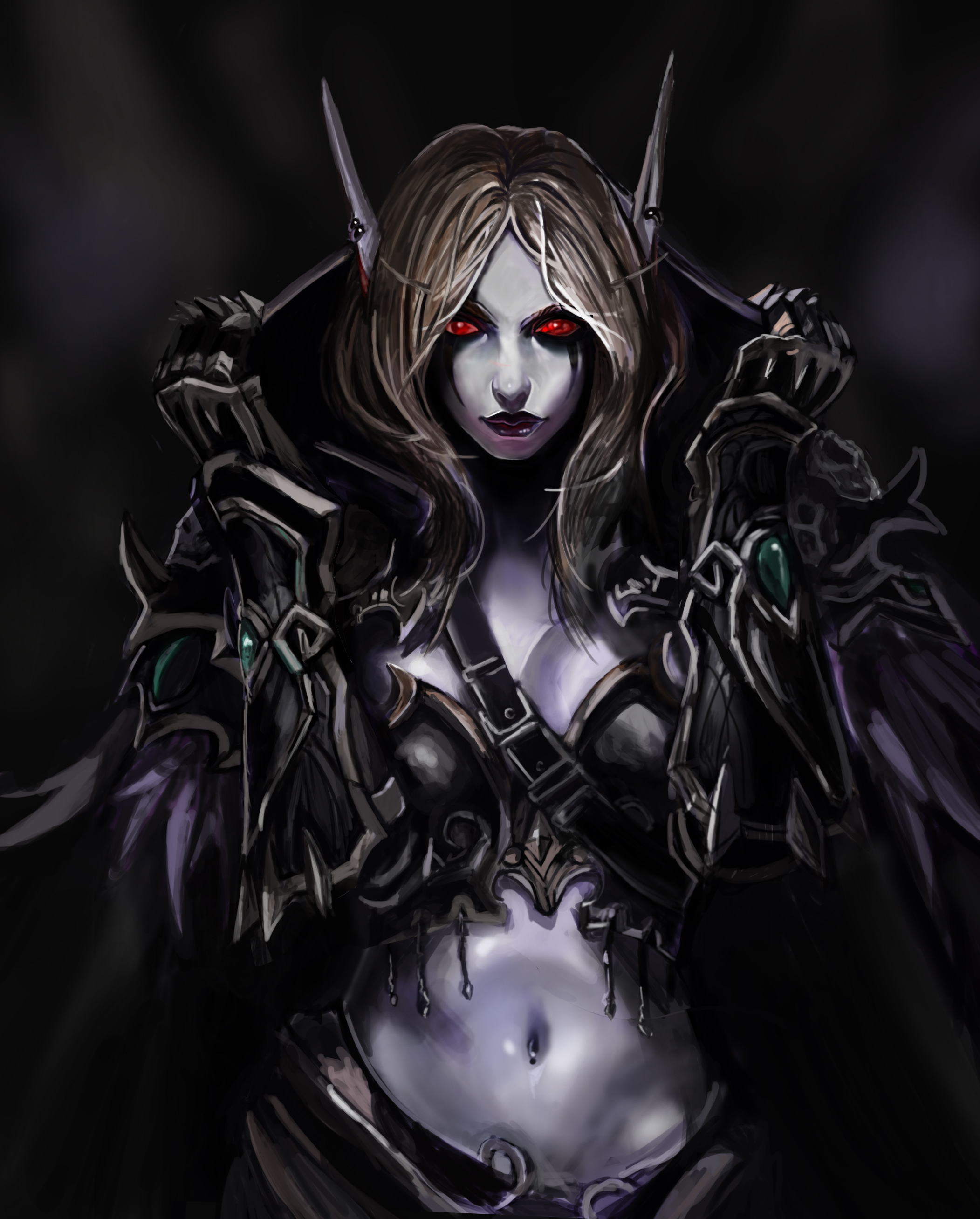 sylvanas windrunner, warcraft, world of warcraft, absurdres, derivative work, highres, 1girl, armor, breasts, colored skin, cowboy shot, earrings, elf, eyes (user hhsg8585), grey skin, hands up, hood, jewelry, long hair, navel, pointy ears, red eyes, smile, stomach, undead
