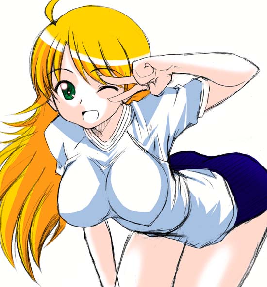 rikumoto yoshiyuki, hoshii miki, idolmaster, idolmaster (classic), idolmaster 1, 00s, 1girl, ahoge, bent over, blonde hair, breasts, buruma, female focus, green eyes, gym uniform, large breasts, long hair, one eye closed, solo, thighs, v, wink