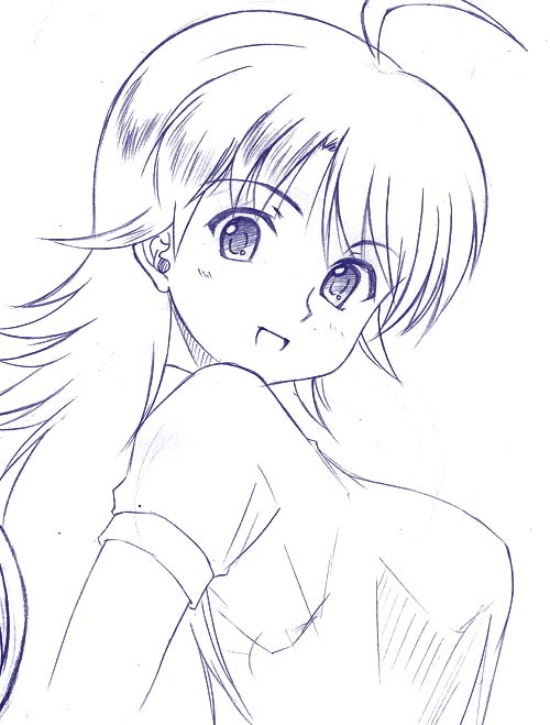 rikumoto yoshiyuki, hoshii miki, idolmaster, idolmaster (classic), idolmaster 1, 00s, 1girl, :d, ahoge, blue theme, blush, breasts, female focus, long hair, looking at viewer, looking to the side, medium breasts, monochrome, open mouth, shirt, short sleeves, simple background, smile, solo, tareme, upper body, white background