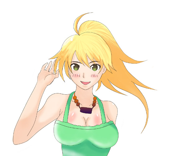 hoshii miki, idolmaster, idolmaster (classic), idolmaster 1, 00s, 1girl, :d, arms up, bare shoulders, blonde hair, blush, breasts, cleavage, collarbone, female focus, green eyes, green shirt, jewelry, large breasts, long hair, looking at viewer, necklace, open mouth, pendant, ponytail, shirt, simple background, sleeveless, sleeveless shirt, smile, solo, tank top, white background