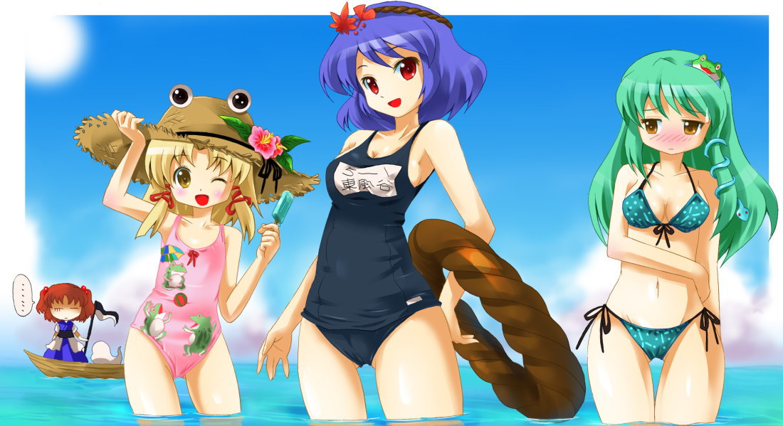 michii yuuki, kochiya sanae, moriya suwako, onozuka komachi, yasaka kanako, touhou, 4girls, bikini, day, female focus, food, hair ornament, hat, innertube, leaf, leaf hair ornament, multiple girls, name tag, one-piece swimsuit, one eye closed, popsicle, rope, school swimsuit, shimenawa, straw hat, swim ring, swimsuit, wink