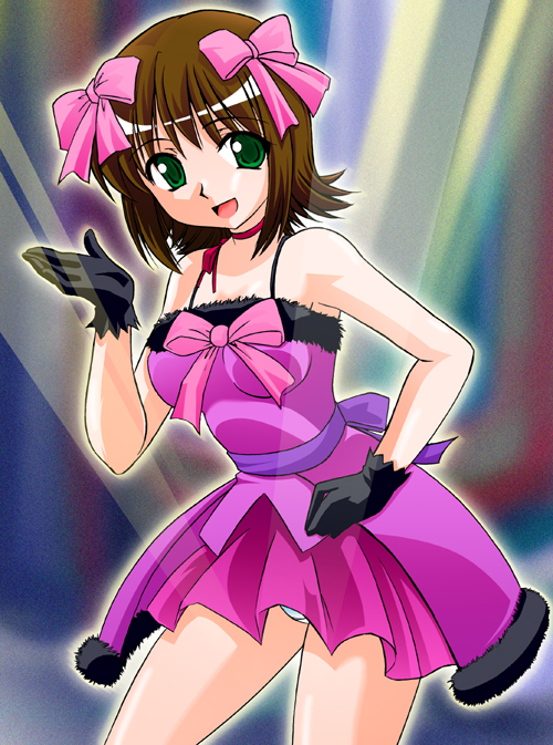 rikumoto yoshiyuki, amami haruka, idolmaster, idolmaster (classic), idolmaster 1, 00s, brown hair, cute & girly (idolmaster), dress, gloves, green eyes, hair ribbon, panties, pink theme, ribbon, short hair, solo, underwear, white panties