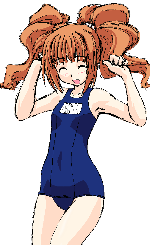 rikumoto yoshiyuki, takatsuki yayoi, idolmaster, idolmaster (classic), 00s, 1girl, armpits, arms up, blush, brown hair, closed eyes, female focus, flat chest, happy, name tag, oekaki, one-piece swimsuit, school swimsuit, sketch, solo, swimsuit, twintails