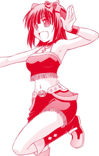 rikumoto yoshiyuki, amami haruka, idolmaster, idolmaster (classic), idolmaster 1, 00s, 1girl, belt, boots, choker, cool & sexy (idolmaster), female focus, hair ribbon, halterneck, jewelry, miniskirt, monochrome, navel, pencil skirt, pendant, red theme, ribbon, skirt, solo, wristband