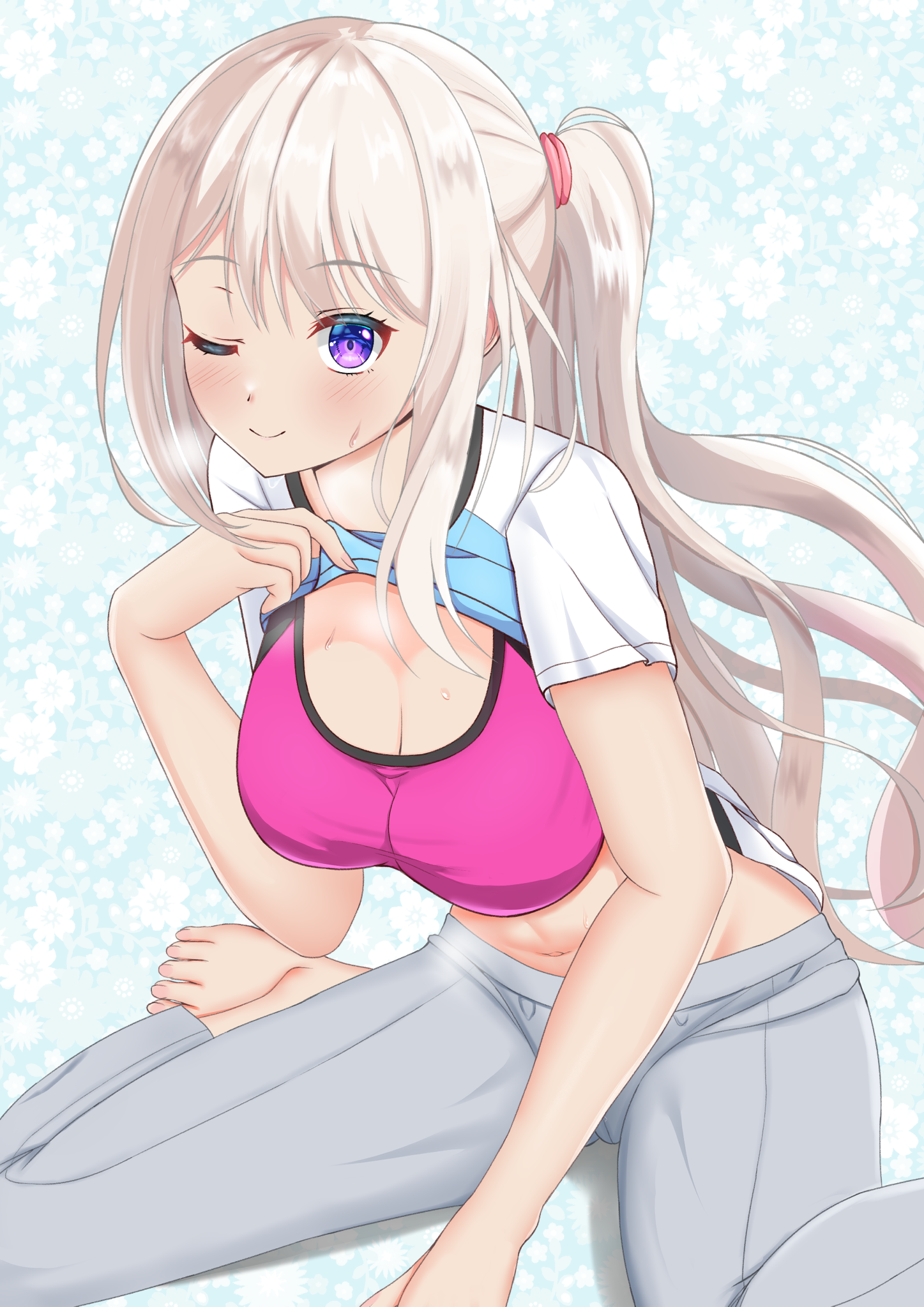 axl11hikari, arise atena, ambitious mission, commentary request, highres, 1girl, ;), alternate costume, barefoot, between legs, blue background, blush, breasts, breath, cleavage, closed mouth, clothes lift, eyelashes, floating hair, floral background, foot out of frame, green pants, grey hair, gym shirt, hair between eyes, hand between legs, hand up, large breasts, leaning forward, lifting own clothes, long hair, looking at viewer, midriff, navel, one eye closed, pants, ponytail, purple eyes, shirt, shirt lift, short sleeves, sidelocks, simple background, sitting, smile, solo, sports bra, sportswear, sweat, very long hair, wariza, white shirt