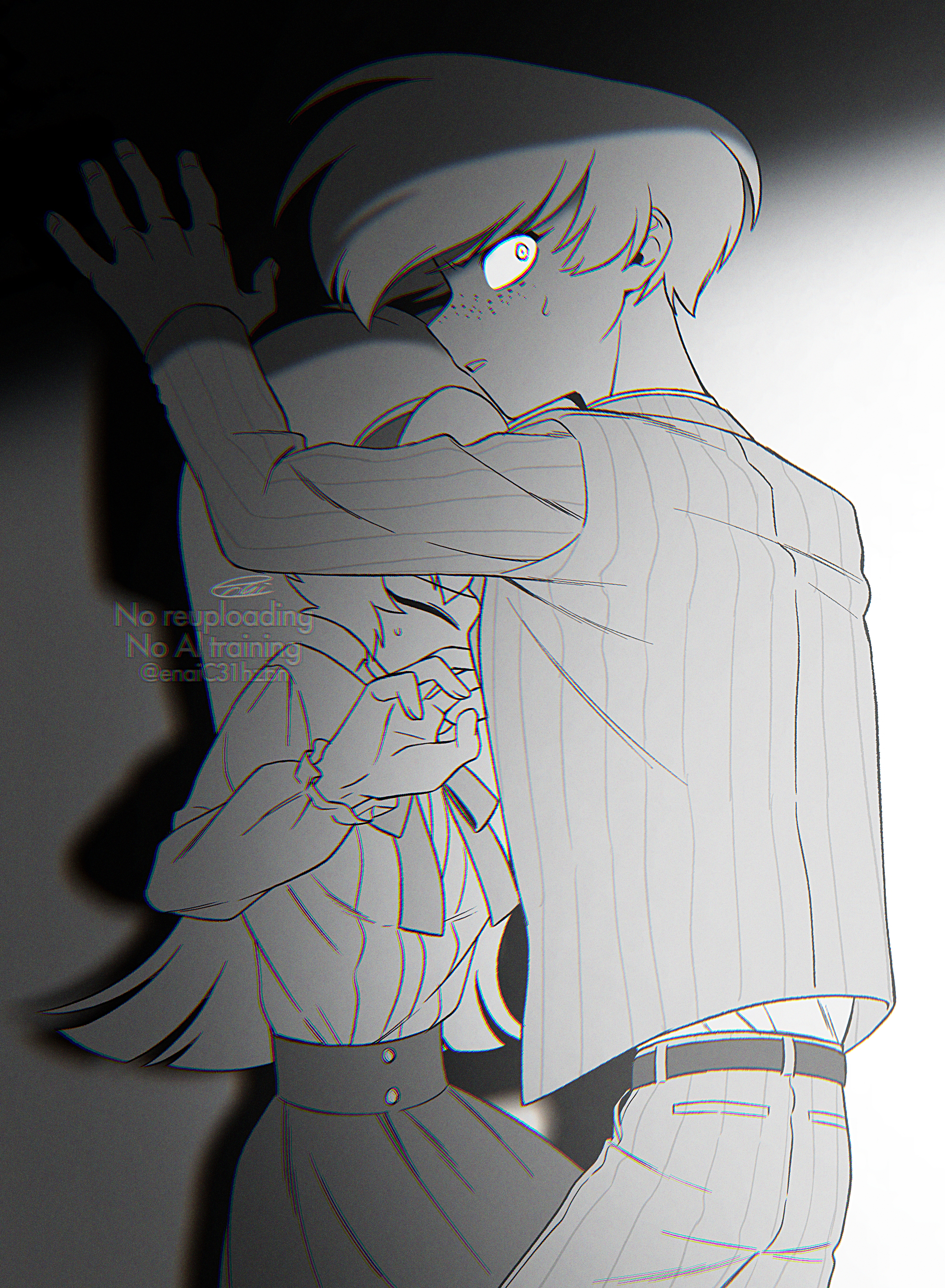 menma (enaic31), angel dust, molly (hazbin hotel), hazbin hotel, hellaverse, absurdres, commentary request, highres, 1boy, 1girl, ^ ^, arm up, belt, bow, bowtie, brother and sister, buttons, chromatic aberration, closed eyes, cowboy shot, drop shadow, film grain, fingernails, frilled sleeves, frills, from behind, glowing, glowing eye, gradient background, grey background, greyscale, hairband, hand up, humanization, jacket, long hair, long sleeves, looking at viewer, looking back, monochrome, open clothes, open jacket, pants, pinstripe jacket, pinstripe pants, pinstripe pattern, profile, protecting, puffy long sleeves, puffy sleeves, raised inner eyebrows, scared, shirt, shirt tucked in, short hair, siblings, signature, simple background, skirt, standing, sweatdrop, v-shaped eyebrows, very long hair, watermark, white background, wide-eyed