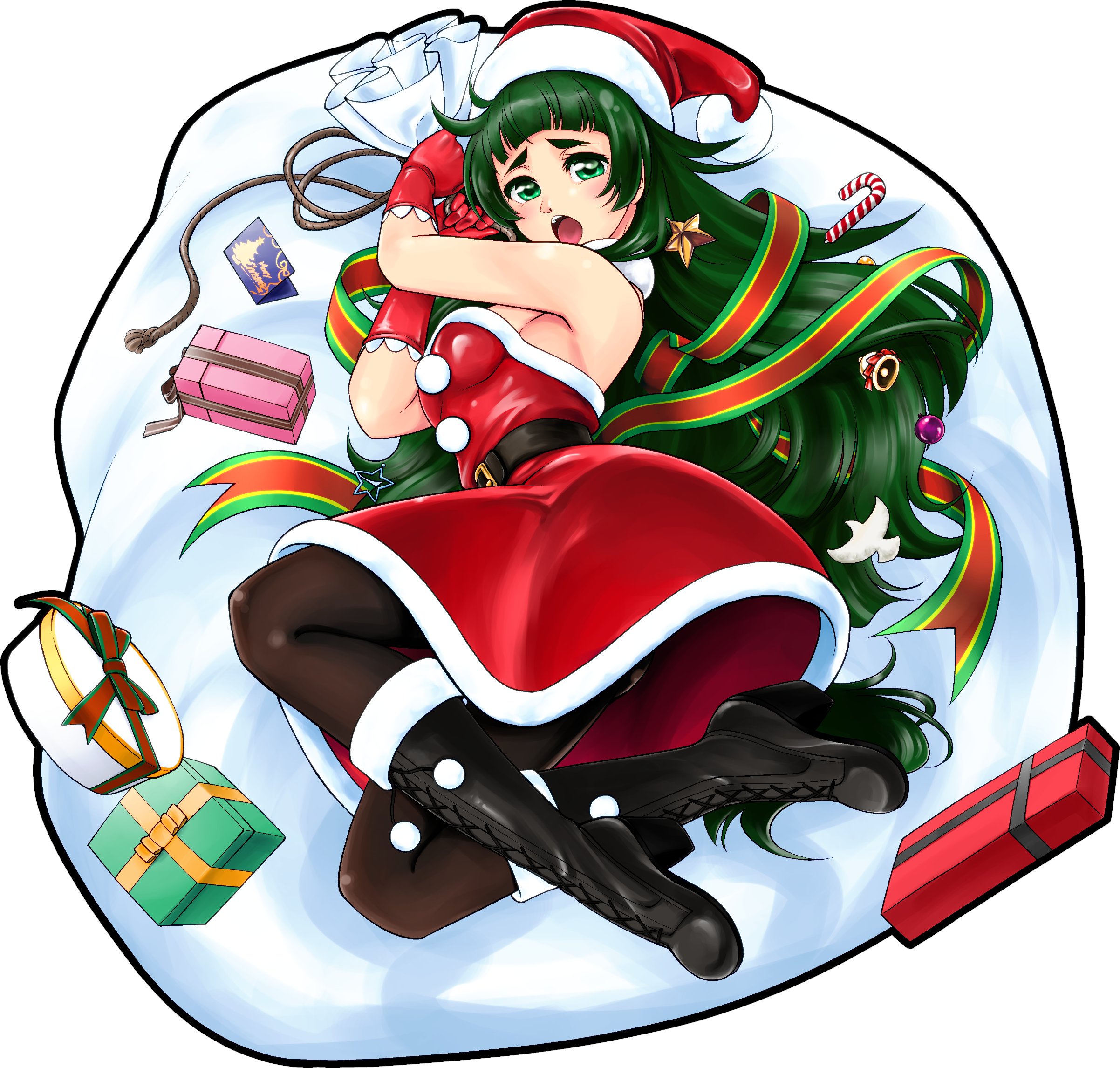 eibon, hiyajou maho, science adventure, steins;gate, steins;gate 0, highres, 1girl, bare shoulders, belt, black belt, black boots, black pantyhose, blunt bangs, blush, boots, box, breasts, christmas, dress, full body, fur trim, gift, gift box, gloves, green eyes, green hair, hat, holding, holding sack, lace-up boots, long hair, looking at viewer, open mouth, pantyhose, red gloves, sack, santa costume, santa dress, santa hat, small breasts, solo, teeth, tongue, upper teeth only