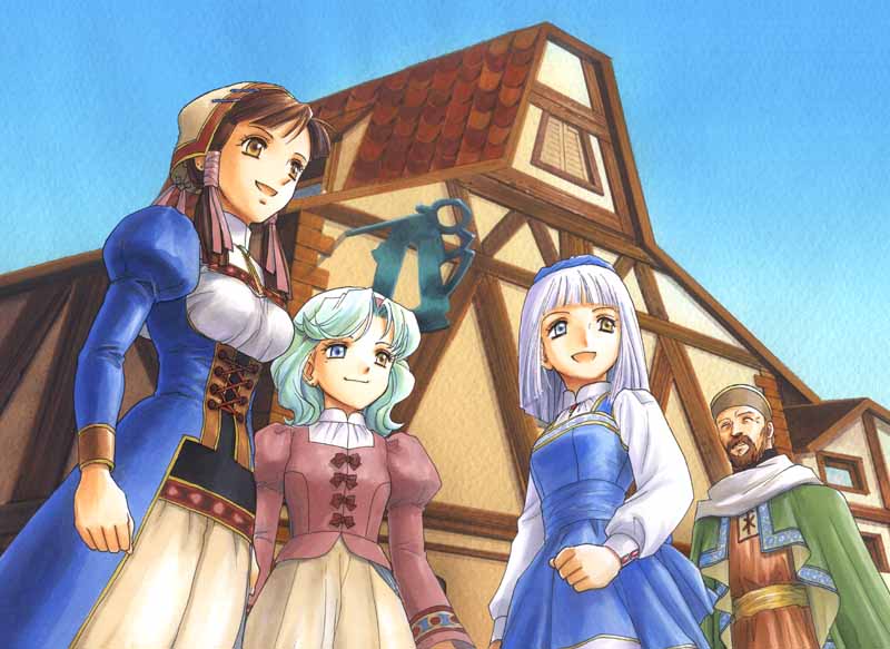 ohse kohime, dornie, hermina (atelier), ingrid (atelier), lilie (atelier), atelier (series), atelier lilie, atelier lilie another story, gust, light purple hair, 1boy, 3girls, alchemy, beard, blue eyes, brown eyes, brown hair, building, day, dress, facial hair, green hair, hat, heterochromia, mole, mole under eye, multiple girls, outdoors, purple hair, short hair, sky, smile, yellow eyes