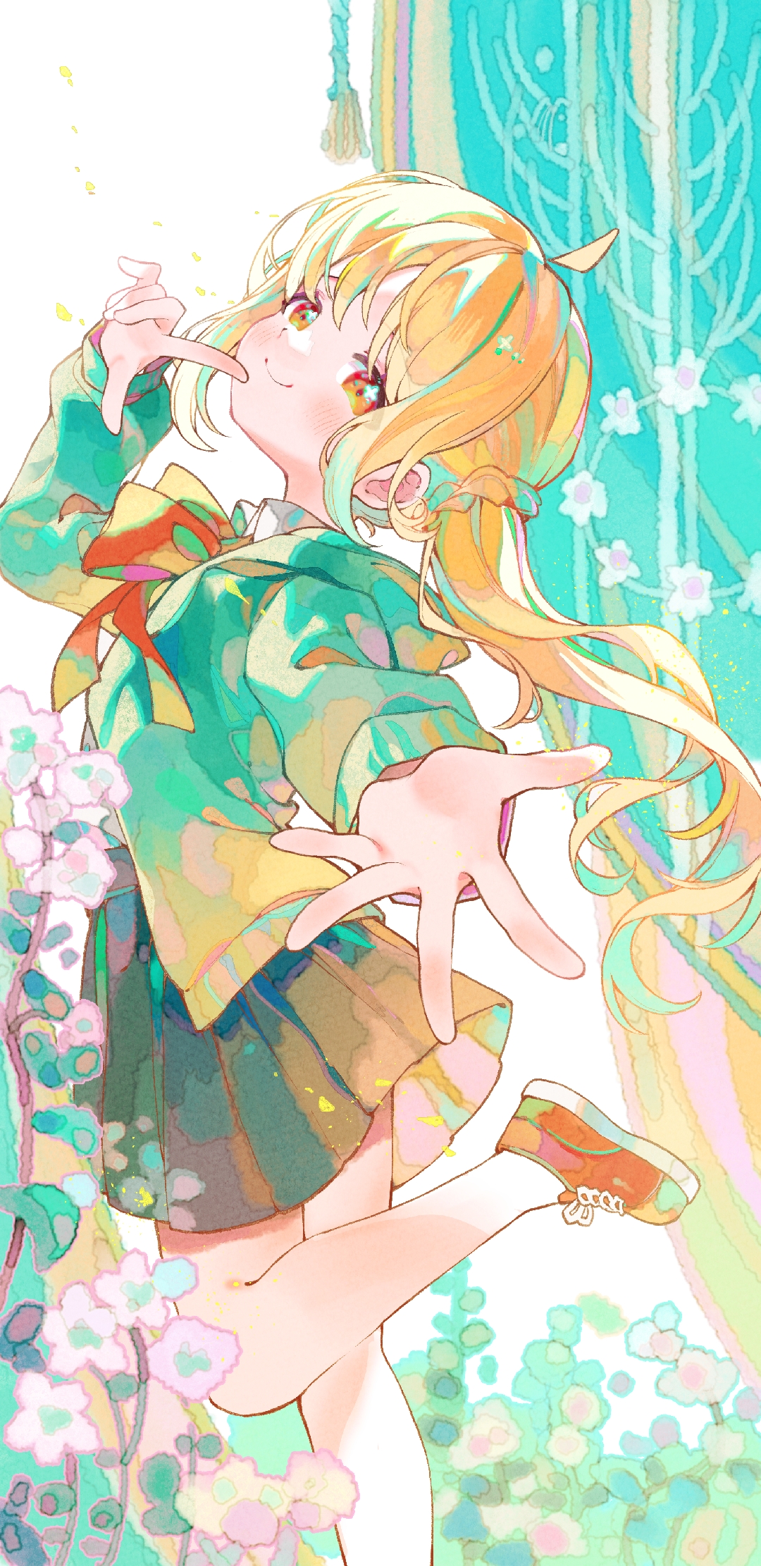 xianyuzi, ijichi nijika, bocchi the rock!, commentary, highres, symbol-only commentary, 1girl, ahoge, black skirt, blonde hair, blush, bow, bowtie, closed mouth, collared shirt, cross-laced shoes, day, floating hair, flower, foot out of frame, from side, green jacket, hair between eyes, hand up, hood, hood down, hooded jacket, jacket, long hair, long sleeves, looking at viewer, miniskirt, open clothes, open jacket, orange eyes, outdoors, outstretched arm, outstretched hand, pink flower, pleated skirt, red bow, red bowtie, red shoes, school uniform, shirt, shoes, side ponytail, sidelocks, simple background, skirt, smile, sneakers, solo, split mouth, standing, standing on one leg, v, very long hair, warm colored, white background, white shirt