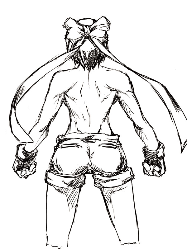 subaru nakajima, lyrical nanoha, mahou shoujo lyrical nanoha, mahou shoujo lyrical nanoha strikers, non-web source, 00s, back, back focus, gloves, greyscale, hair ribbon, monochrome, ribbon, short hair, shorts, solo, topless female