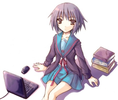 nagato yuki, suzumiya haruhi no yuuutsu, lowres, non-web source, 00s, book, cardigan, computer, computer keyboard, laptop, school uniform, serafuku, sitting, solo