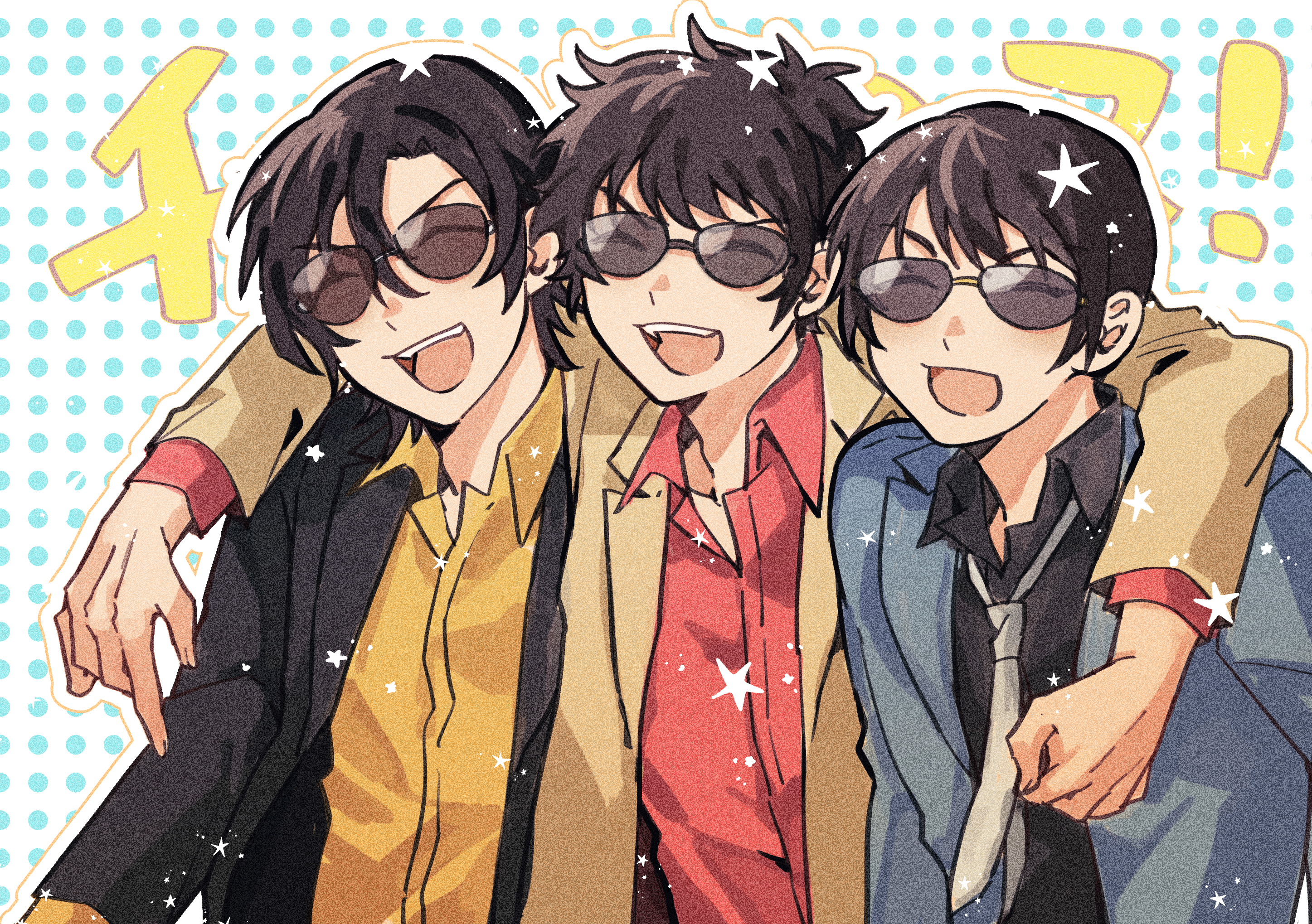 hisin di fushang, meitantei conan, character request, highres, translation request, 3boys, black jacket, black shirt, blue jacket, brown jacket, collared shirt, happy, jacket, long sleeves, multiple boys, open clothes, open jacket, red shirt, shirt, smile, star (symbol), sunglasses, teeth, tongue, upper teeth only