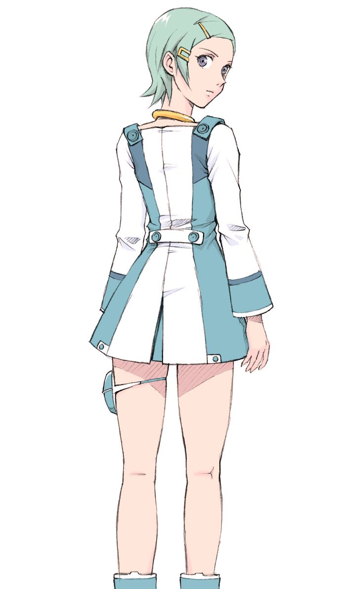 annkoku daimaou, human highlight film, eureka (eureka seven), eureka seven, eureka seven (series), 00s, 1girl, ankle boots, aqua hair, blue eyes, blue hair, boots, buttons, choker, dress, expressionless, female focus, from behind, green hair, grey eyes, hair ornament, hairclip, holster, jewelry, kneepits, legs, looking at viewer, looking back, matching hair/eyes, neck ring, necklace, pouch, purple eyes, short dress, short hair, simple background, solo, standing, thigh holster, thigh strap, white background