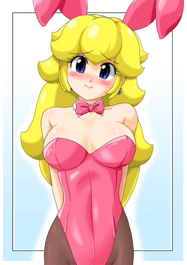 konpeto, princess peach, mario (series), nintendo, super mario bros. 1, 1girl, animal ears, black panties, blush, fake animal ears, female focus, leotard, panties, pantyhose, playboy bunny, rabbit ears, smile, solo, underwear