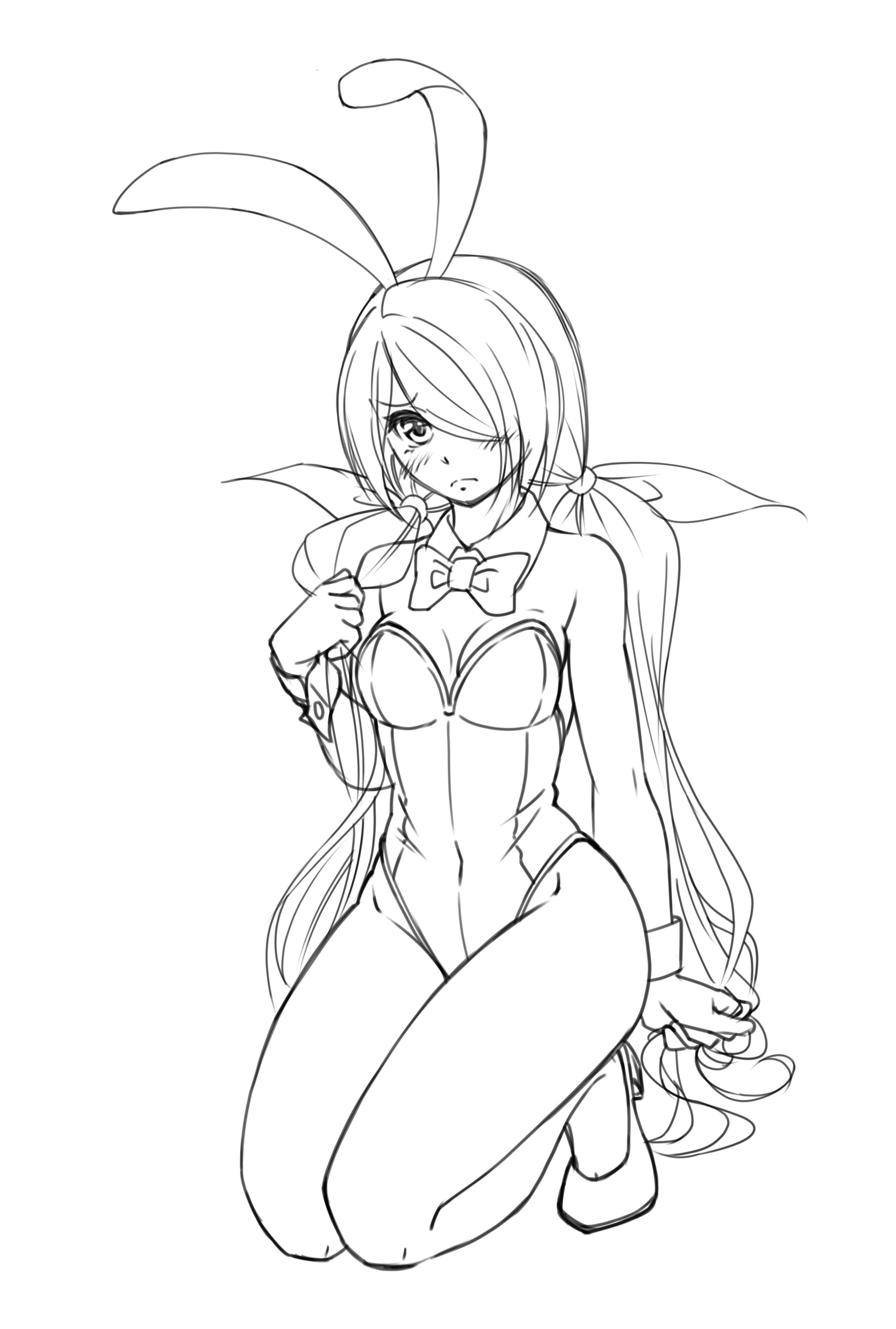 eibon, minamisawa senri, chaos;child, science adventure, absurdres, highres, 1girl, animal ears, blush, bow, breasts, cleavage, detached collar, fake animal ears, frown, greyscale, hair over one eye, highleg, highleg leotard, leotard, long hair, monochrome, playboy bunny, rabbit ears, simple background, solo, very long hair, wrist cuffs