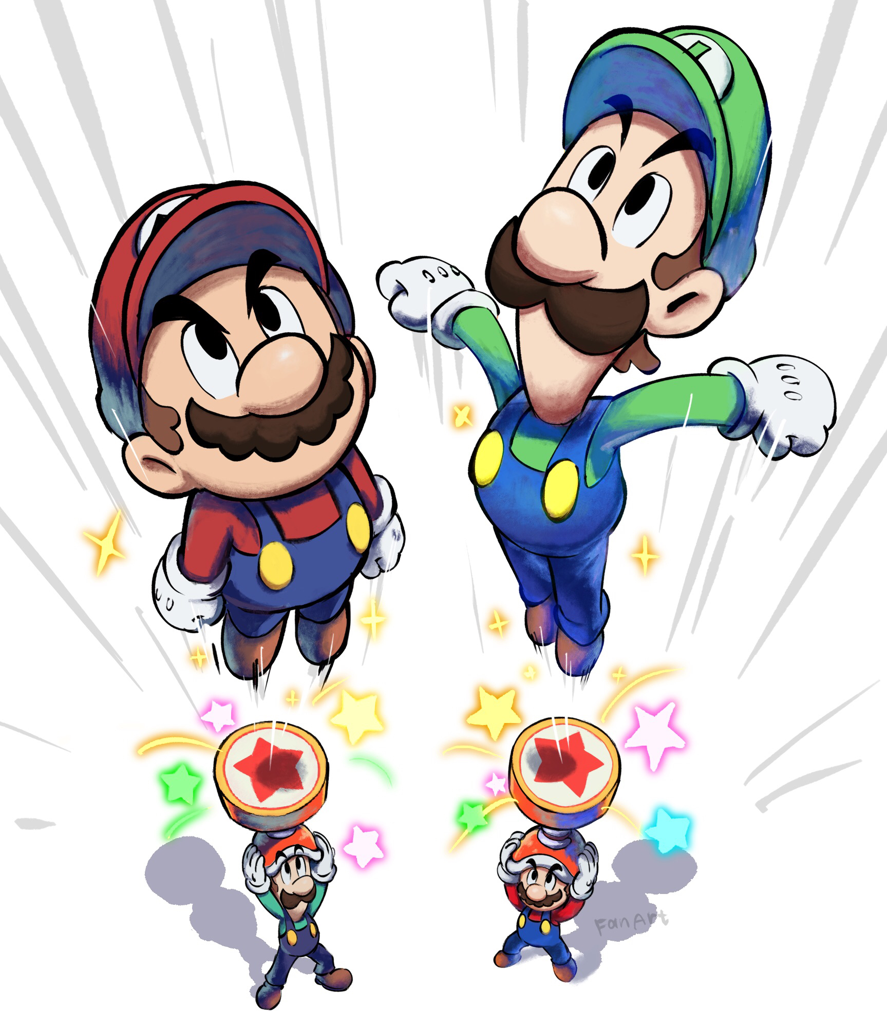 yamari (ya mari 6363), luigi, mario, mario & luigi: brothership, mario & luigi rpg, mario (series), nintendo, highres, 2boys, blue overalls, brothers, brown hair, facial hair, gloves, green hat, green shirt, hat, headgear, jumping, long sleeves, looking up, male focus, masanori sato (style), multiple boys, mustache, overalls, red hat, red shirt, shirt, shoes, short hair, siblings, star (symbol), white background, white gloves