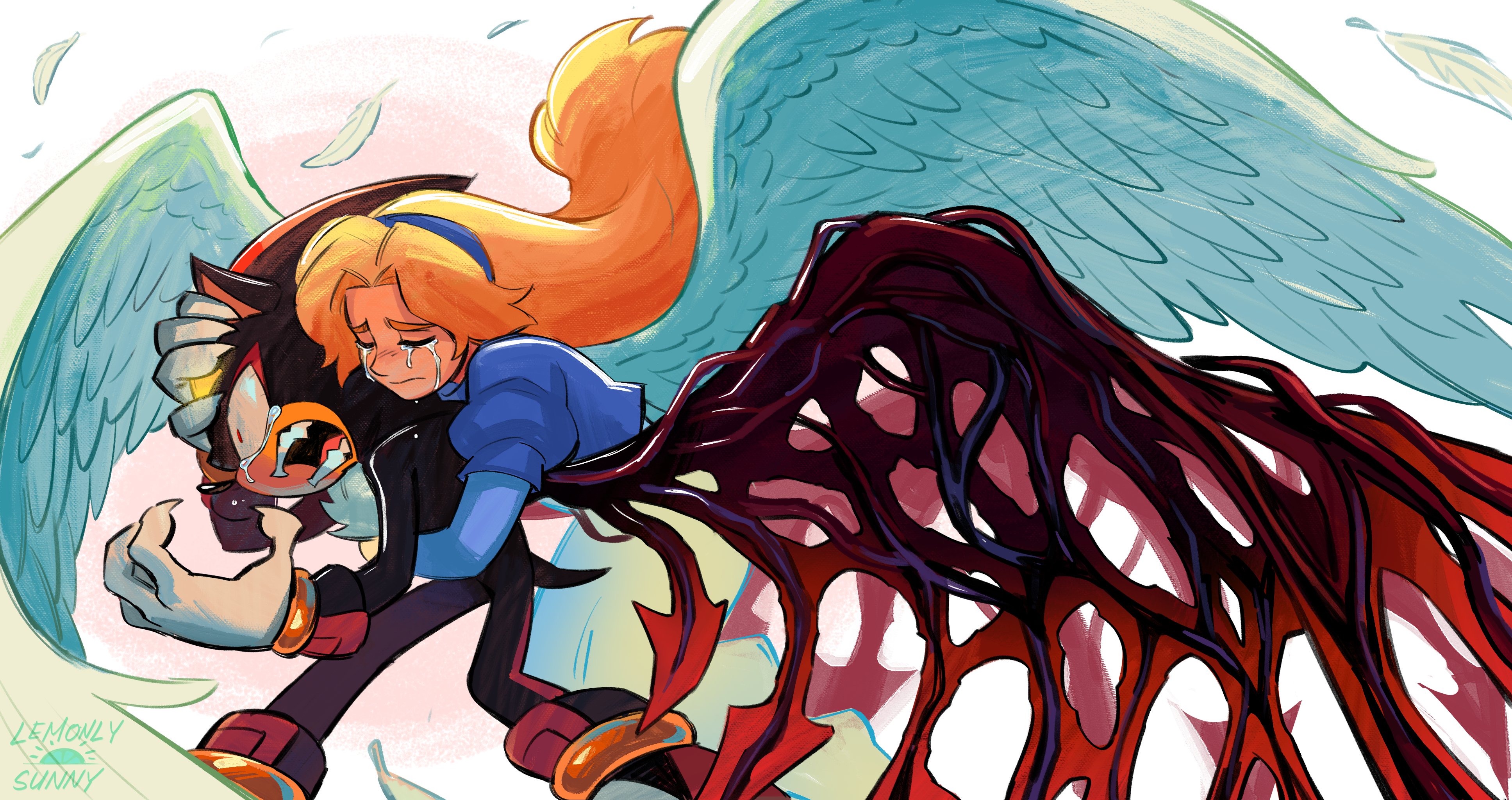maria robotnik, shadow the hedgehog, sonic (series), absurdres, highres, angry, black fur, blonde hair, blue dress, blue hairband, blue sleeves, closed eyes, crying, demon wings, dress, feathered wings, feathers, gloves, hairband, hand on own head, hug, hug from behind, juliet sleeves, lemonlysunny, long dress, long hair, long sleeves, pink background, puffy short sleeves, puffy sleeves, red fur, screaming, short sleeves, sidelocks, tears, tentacles, white background, white gloves, wings