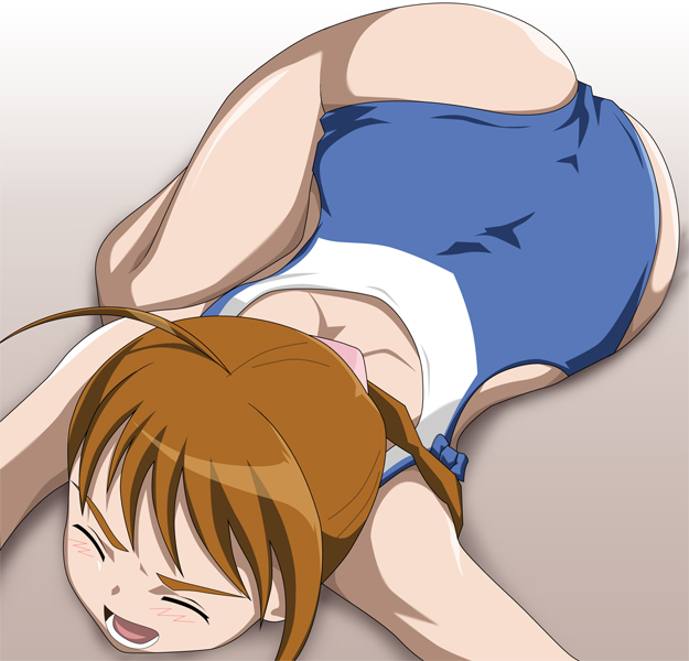 arika yumemiya, my-otome, 00s, 1girl, ass, braid, brown hair, closed eyes, female focus, one-piece swimsuit, open mouth, solo, swimsuit