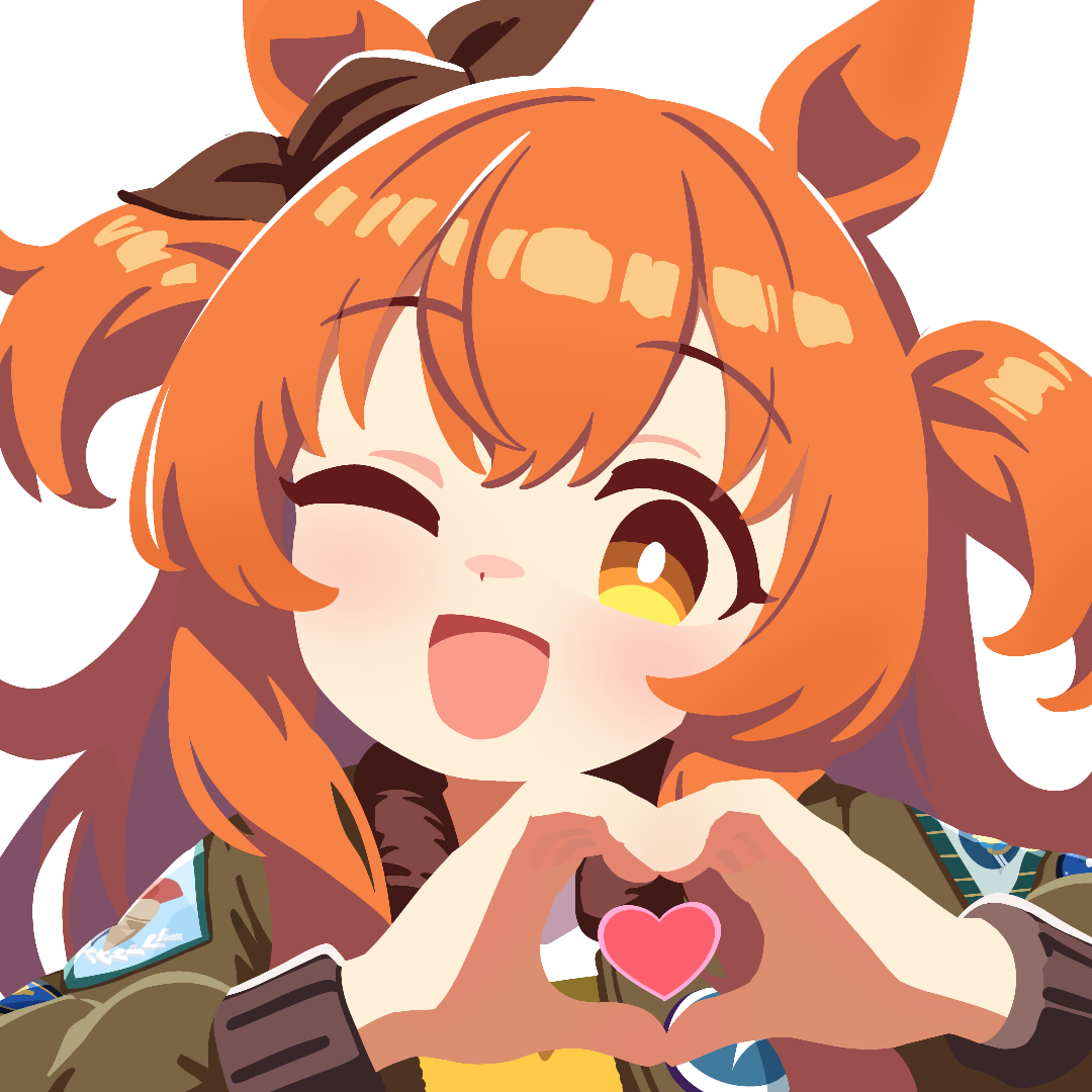 mayano top gun (umamusume), umamusume, 1girl, ;d, animal ears, ear ornament, head tilt, heart, heart hands, horse ears, horse girl, long hair, looking at viewer, no lineart, one eye closed, open mouth, orange eyes, orange hair, sidelocks, smile, solo, transparent background, two side up, waonaolmao