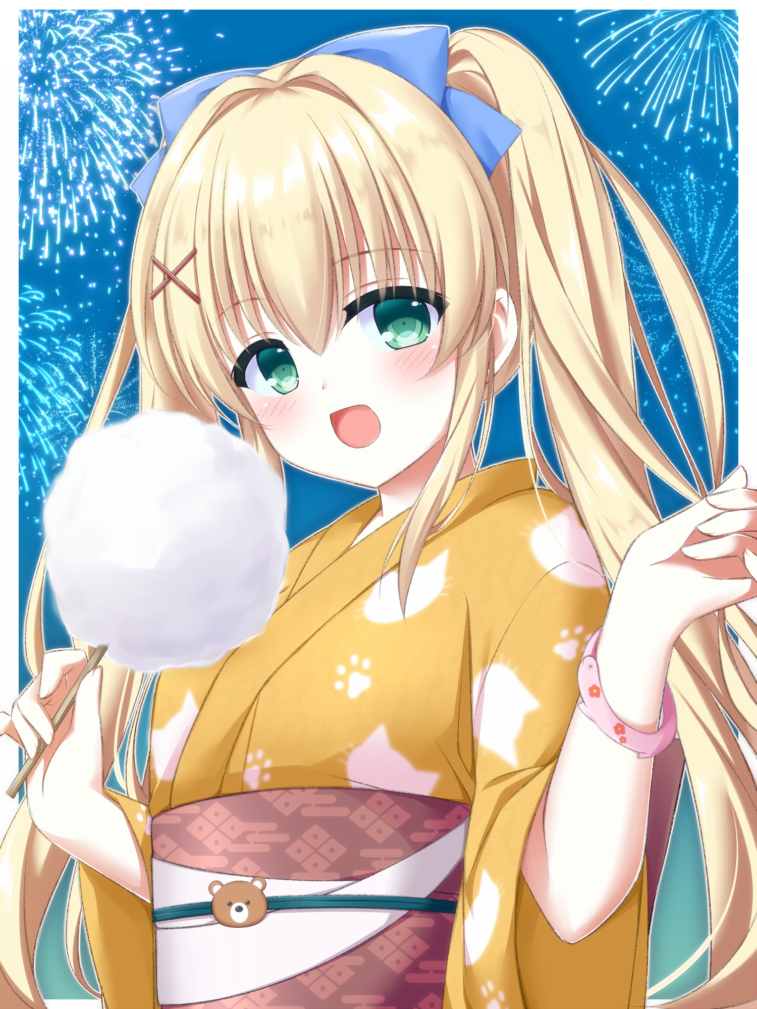asagi nanami, tsumugi wenders, summer pockets, commentary request, highres, variant set, 1girl, :d, aerial fireworks, alternate costume, animal print, blonde hair, blue bow, blush, border, bow, cat print, cotton candy, festival, fireworks, food, green eyes, hair between eyes, hair bow, hair intakes, hair ornament, hands up, happy, holding, holding cotton candy, holding food, japanese clothes, kimono, long hair, long sleeves, looking at viewer, night, open mouth, outdoors, outline, outside border, paw print, print kimono, sidelocks, smile, solo, straight hair, twintails, upper body, very long hair, white border, white outline, wide sleeves, x hair ornament, yellow kimono