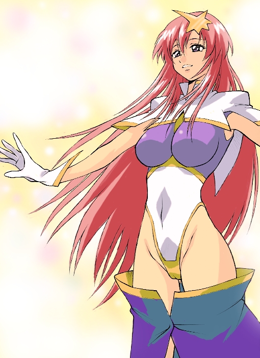 annkoku daimaou, meer campbell, gundam, gundam seed, gundam seed destiny, looking away, 00s, 1girl, breasts, cameltoe, capelet, female focus, gloves, grin, groin, hair ornament, highleg, highleg leotard, impossible clothes, impossible leotard, large breasts, leotard, long hair, navel, outstretched arms, parted bangs, pink hair, purple eyes, skin tight, skirt, smile, solo, spread arms, standing, star (symbol), star hair ornament, turtleneck, very long hair, white gloves