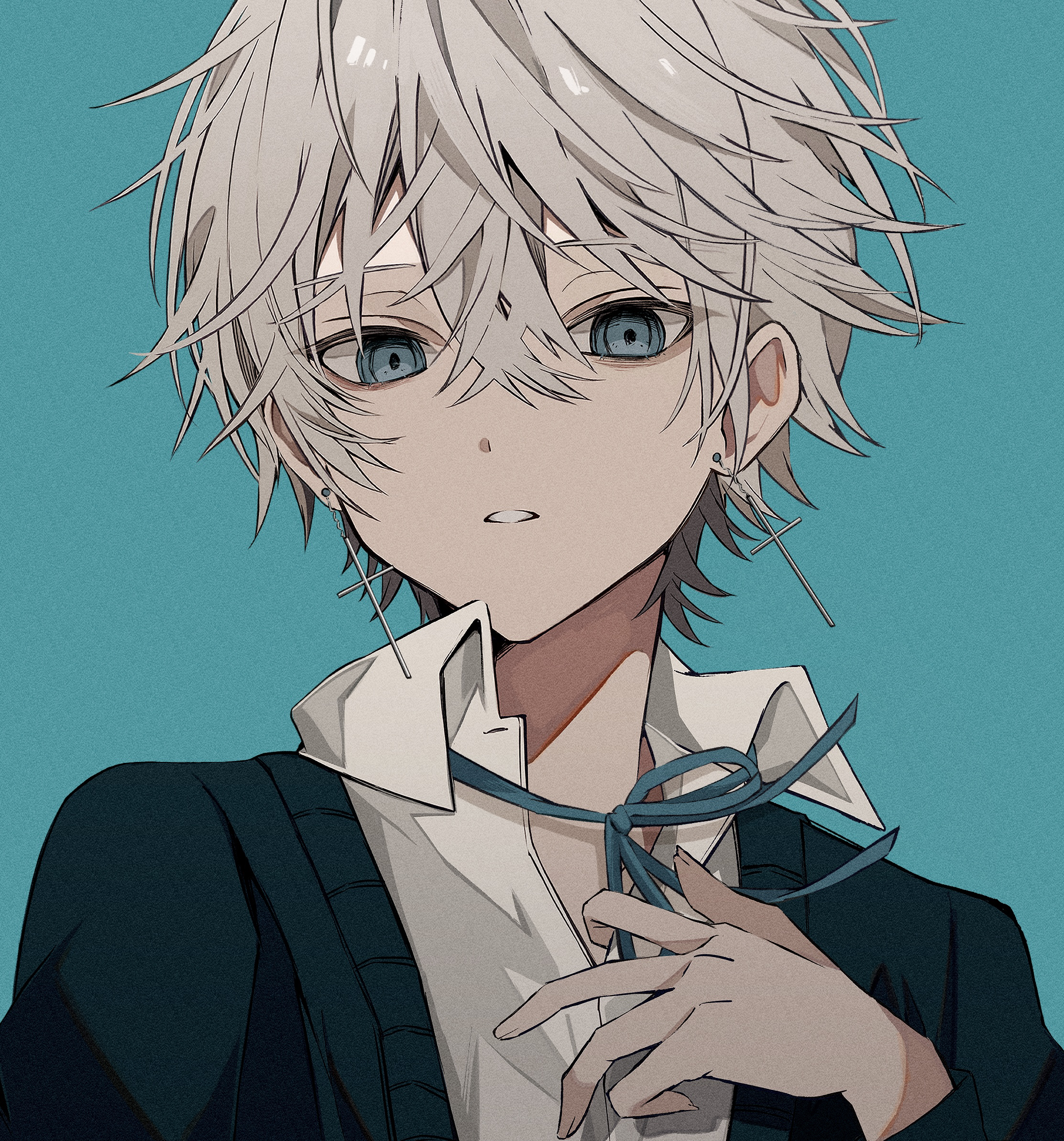 ozx x0, original, commentary request, highres, 1boy, blue background, blue eyes, cross, cross earrings, earrings, grey hair, hair between eyes, jewelry, looking at viewer, male focus, messy hair, parted lips, shirt, short hair, simple background, solo, teeth, upper body, white shirt