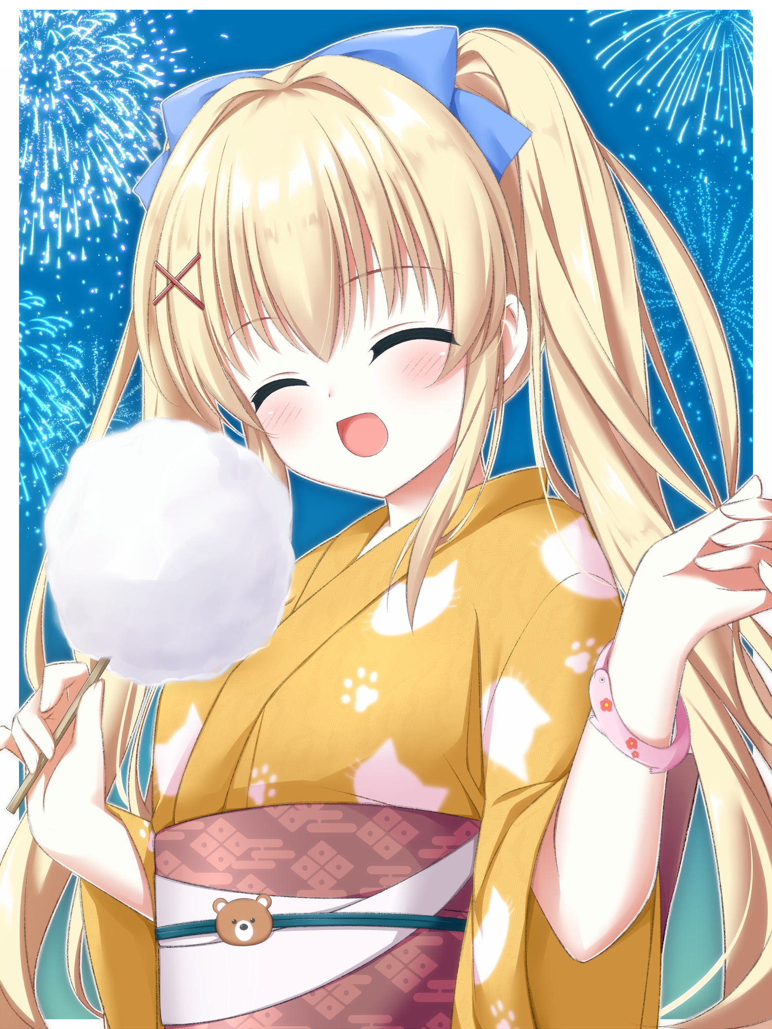 asagi nanami, tsumugi wenders, summer pockets, commentary request, highres, variant set, 1girl, :d, ^ ^, aerial fireworks, alternate costume, animal print, blonde hair, blue bow, blush, border, bow, cat print, closed eyes, cotton candy, facing viewer, festival, fireworks, food, hair between eyes, hair bow, hair intakes, hair ornament, hands up, happy, holding, holding cotton candy, holding food, japanese clothes, kimono, long hair, long sleeves, night, open mouth, outdoors, outline, outside border, paw print, print kimono, sidelocks, smile, solo, straight hair, twintails, upper body, very long hair, white border, white outline, wide sleeves, x hair ornament, yellow kimono