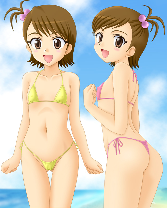 koneko houseeuh, miracle!, futami ami, futami mami, idolmaster, idolmaster (classic), idolmaster 1, 00s, 2girls, ass, beach, bikini, day, flat chest, hair bobbles, hair ornament, highleg, highleg bikini, loli, micro bikini, multiple girls, navel, ocean, panties, pink bikini, siblings, side-tie bikini bottom, sisters, swimsuit, thong, thong bikini, twins, underwear, yellow bikini