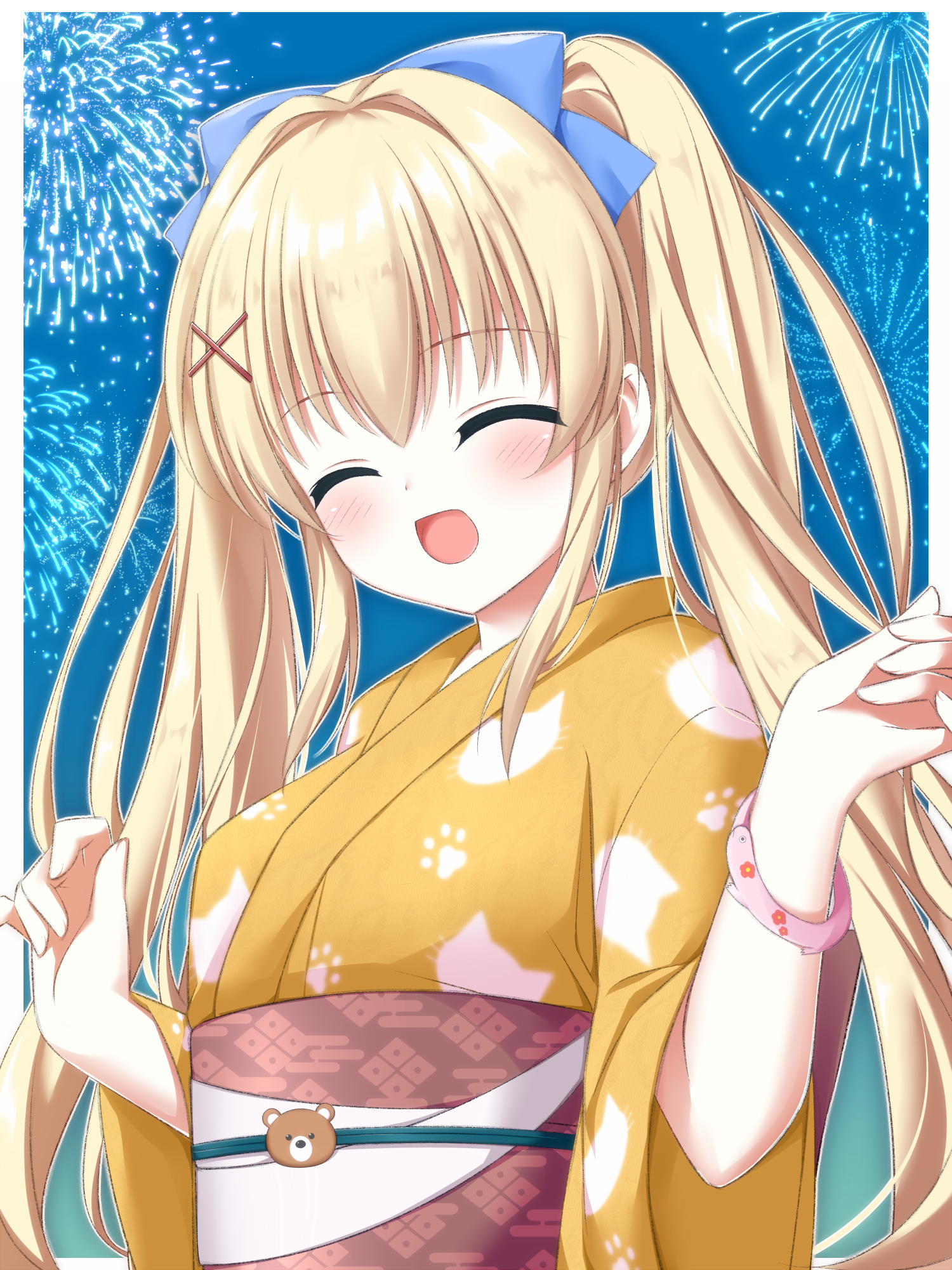 asagi nanami, tsumugi wenders, summer pockets, commentary request, highres, variant set, 1girl, :d, ^ ^, aerial fireworks, alternate costume, animal print, blonde hair, blue bow, blush, border, bow, cat print, closed eyes, facing viewer, festival, fireworks, hair between eyes, hair bow, hair intakes, hair ornament, hands up, happy, japanese clothes, kimono, long hair, long sleeves, night, open mouth, outdoors, outline, outside border, paw print, print kimono, sidelocks, smile, solo, straight hair, twintails, upper body, very long hair, white border, white outline, wide sleeves, x hair ornament, yellow kimono